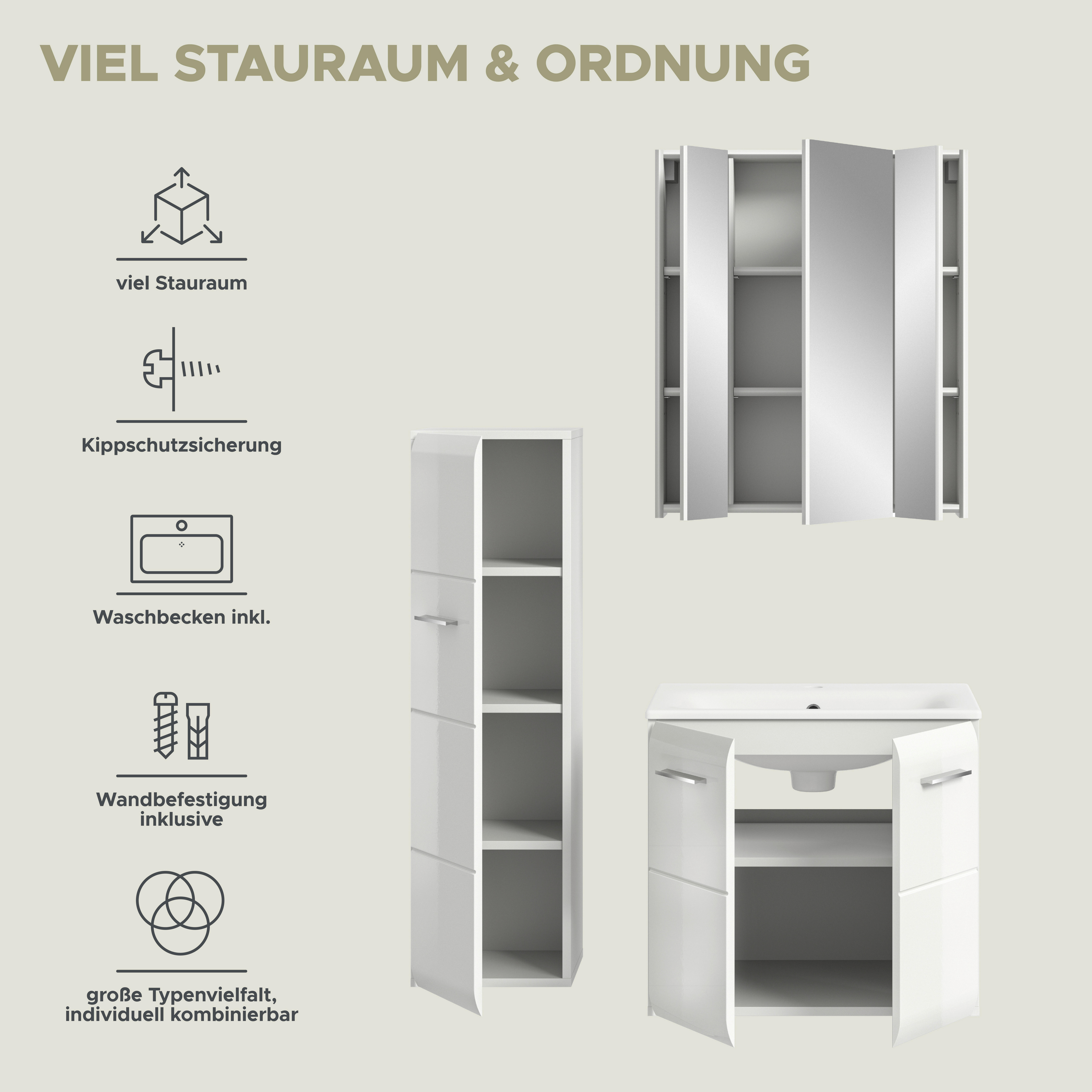 Badezimmer-Set Ice weiß weiß Hochglanz B/H/T: ca. 105x185x46 cm Ice - weiß (105,00/185,00/46,00cm) - xonox.home