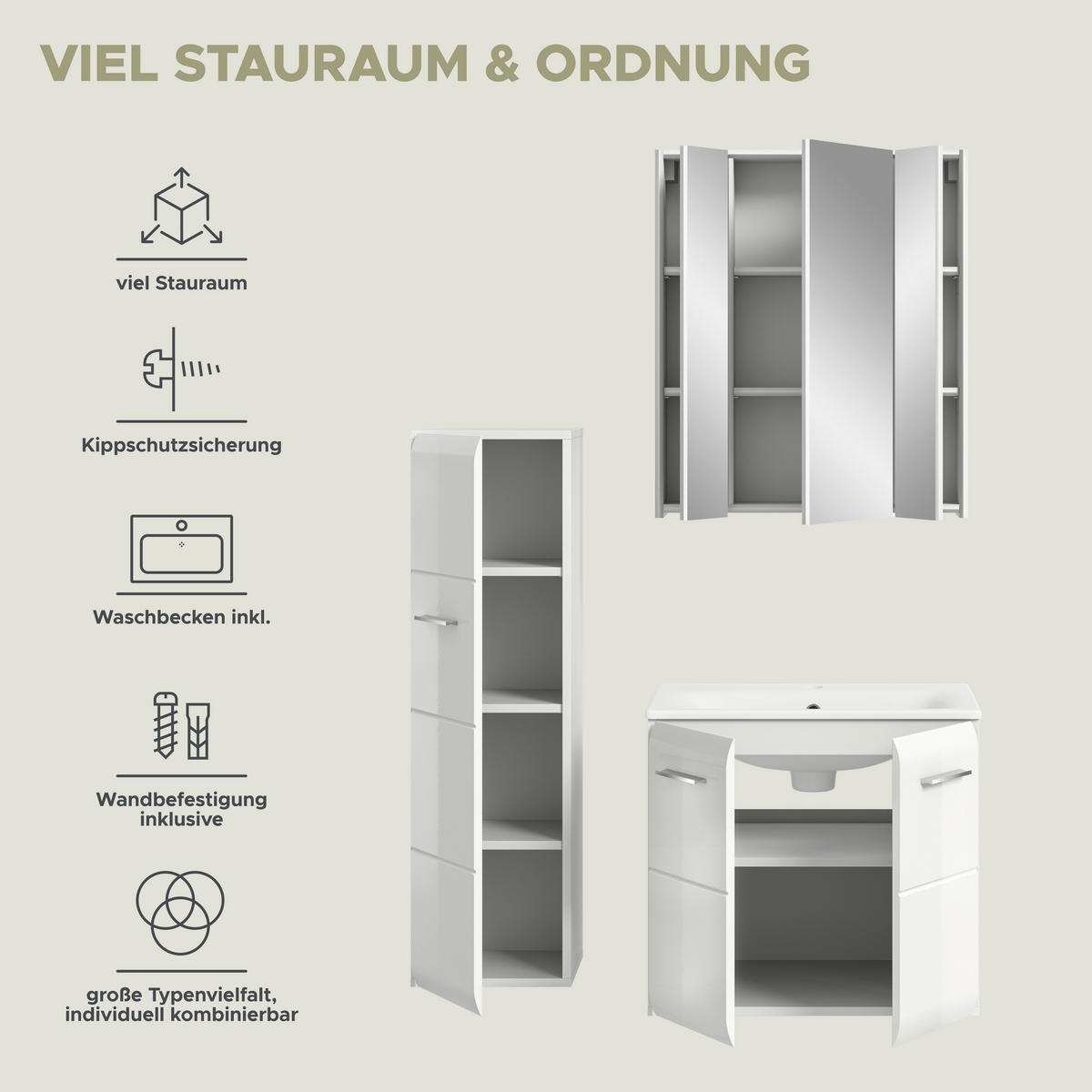 Badezimmer-Set Ice weiß weiß Hochglanz B/H/T: ca. 105x185x46 cm Ice - weiß (105,00/185,00/46,00cm) - xonox.home