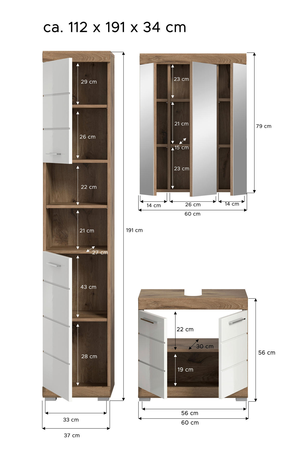 Badezimmer-Set Wave weiß Hochglanz Nox Oak Nachbildung B/H/T: ca. 112x191x34 cm Wave - weiß (112,00/191,00/34,00cm) - xonox.home