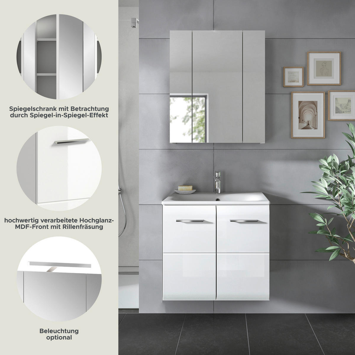 Badezimmer-Set Ice weiß weiß Hochglanz B/H/T: ca. 60x185x46 cm Ice - weiß (60,00/185,00/46,00cm) - xonox.home