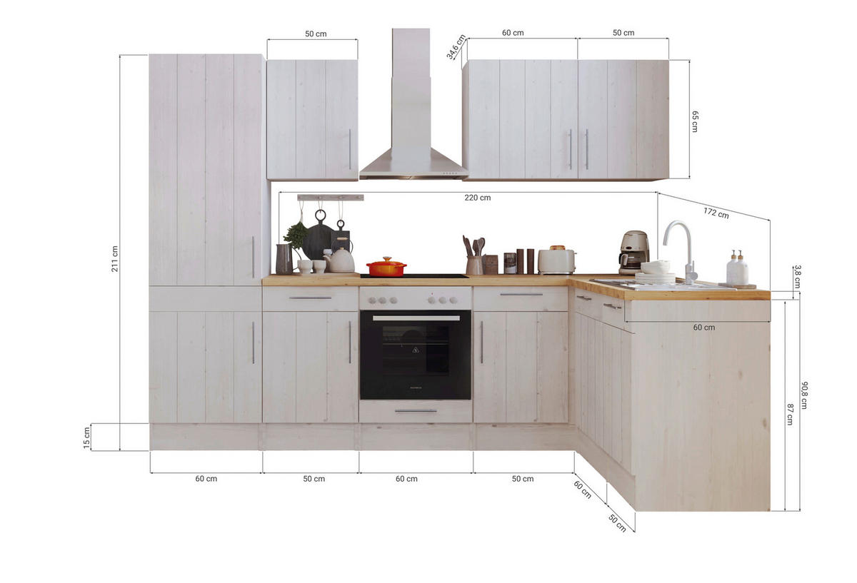 Respekta Winkelküche BERPL280LHWC weiß Lärche Nachbildung B/H/T: ca. 280x211x172 cm BERPL280LHWC - Eiche/weiß (280,00/211,00/172,00cm) - Respekta