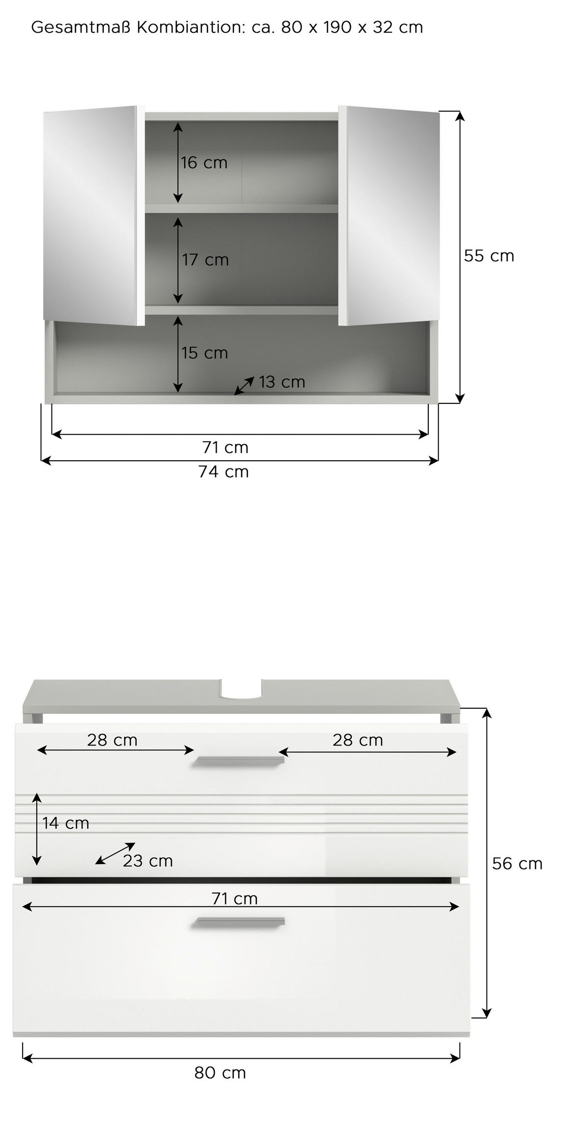 Badblock Copa hellgrau weiß Hochglanz B/H/T: ca. 80x190x32 cm Copa - hellgrau/weiß (80,00/190,00/32,00cm) - xonox.home