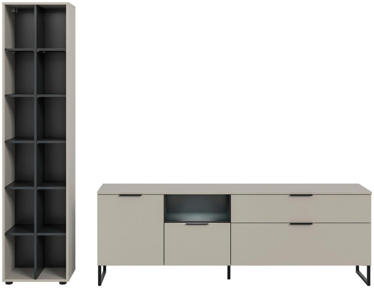 Wohnwand Noida Kaschmirgrau Nachbildung schwarz B/H/T: ca. 245x192x41 cm Noida - schwarz (245,00/192,00/41,00cm) - xonox.home