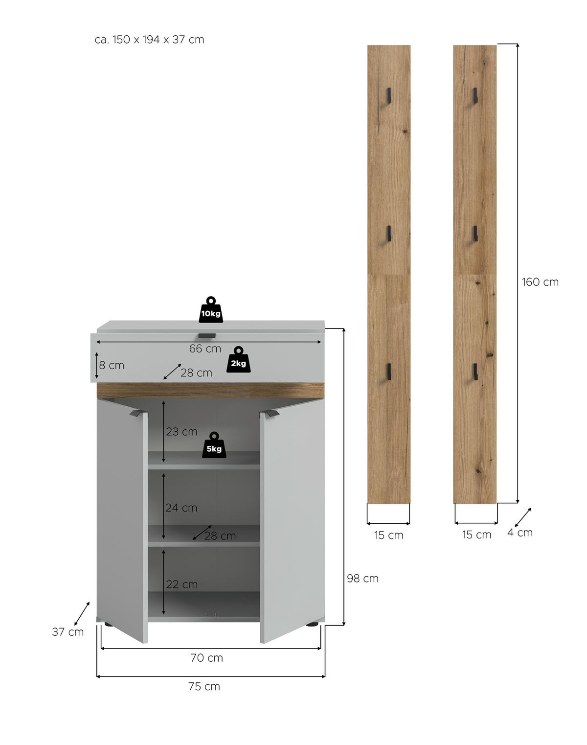 Garderobe Naro weiß Evoke Oak Nachbildung B/H/T: ca. 150x194x37 cm Naro - weiß (150,00/194,00/37,00cm) - xonox.home