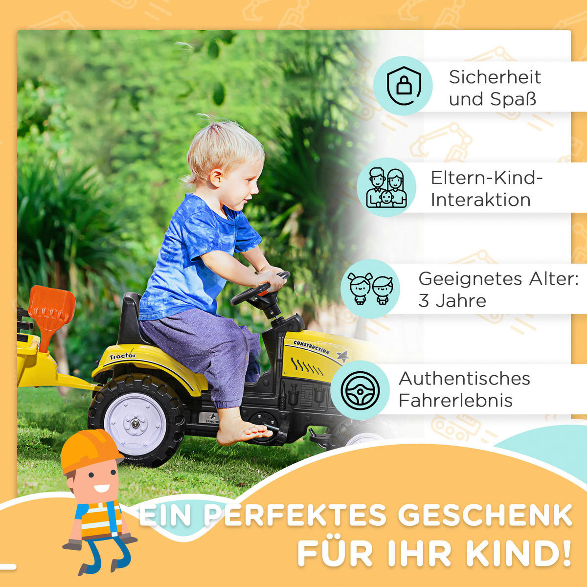 HOMCOM Kinder-Fahrzeug gelb B/H/L: ca. 42x133x51 cm Trettraktor - gelb (51,00/42,00/133,00cm) - HOMCOM