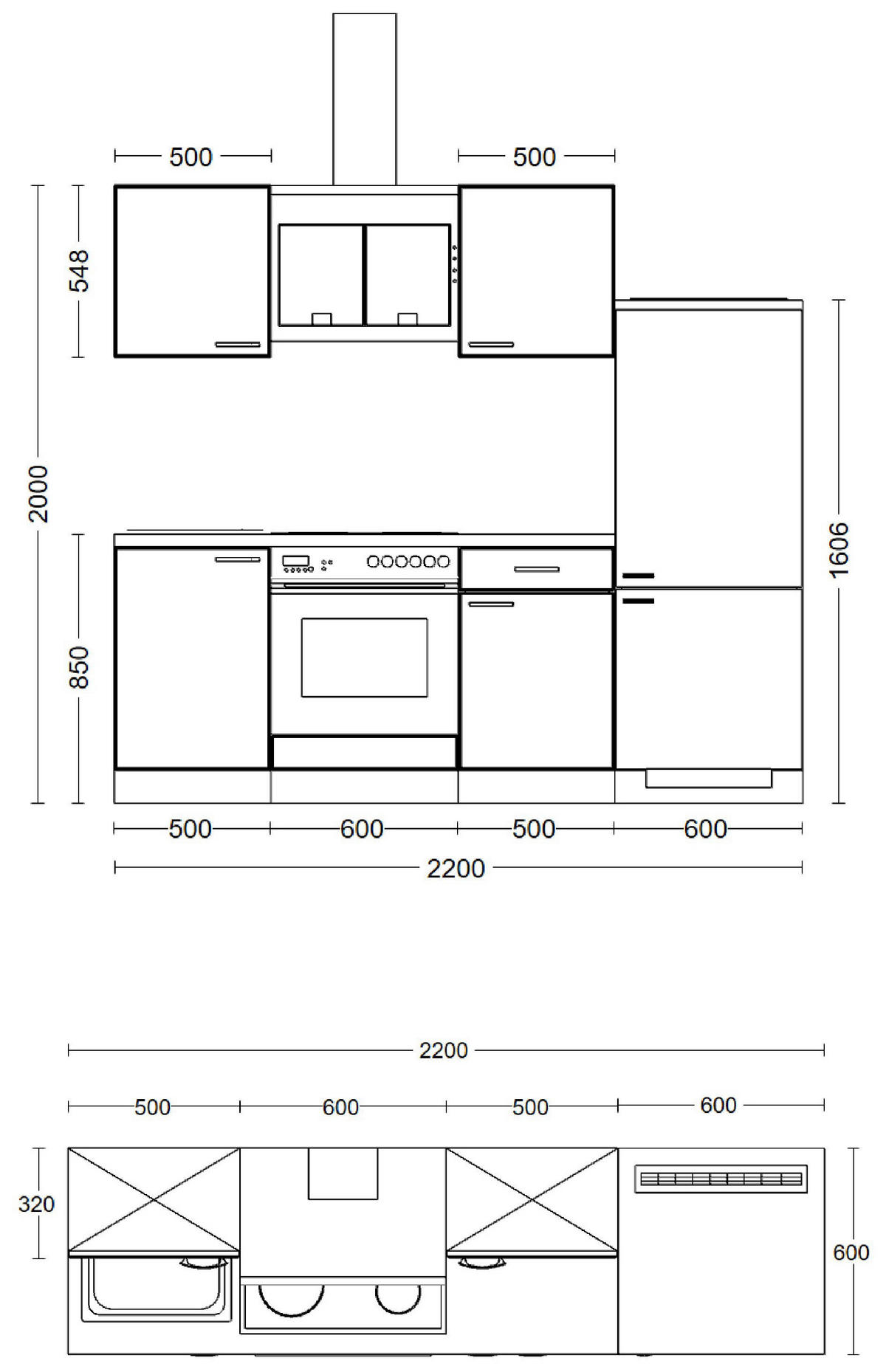 Küchenblock Cara grün matt B/H/T: ca. 220x200x60 cm Cara - schwarz/grün (220,00/200,00/60,00cm) - Flex-Well