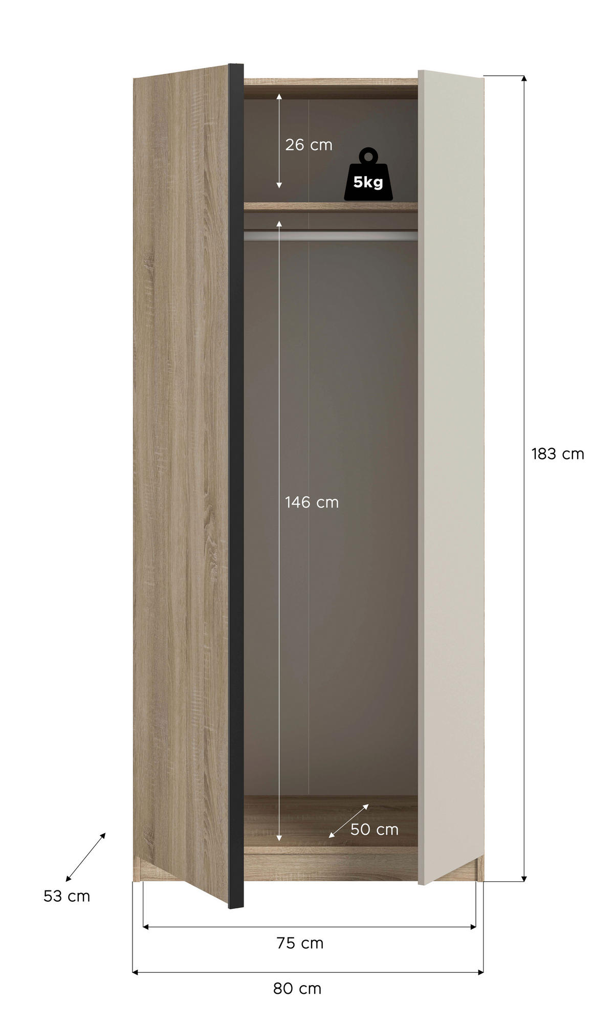 Kleiderschrank OAKLAND Eiche Sonoma Nachbildung Cashmere B/H/T: ca. 80x183x53 cm OAKLAND - Eiche/Cashmere (80,00/183,00/53,00cm) - xonox.home