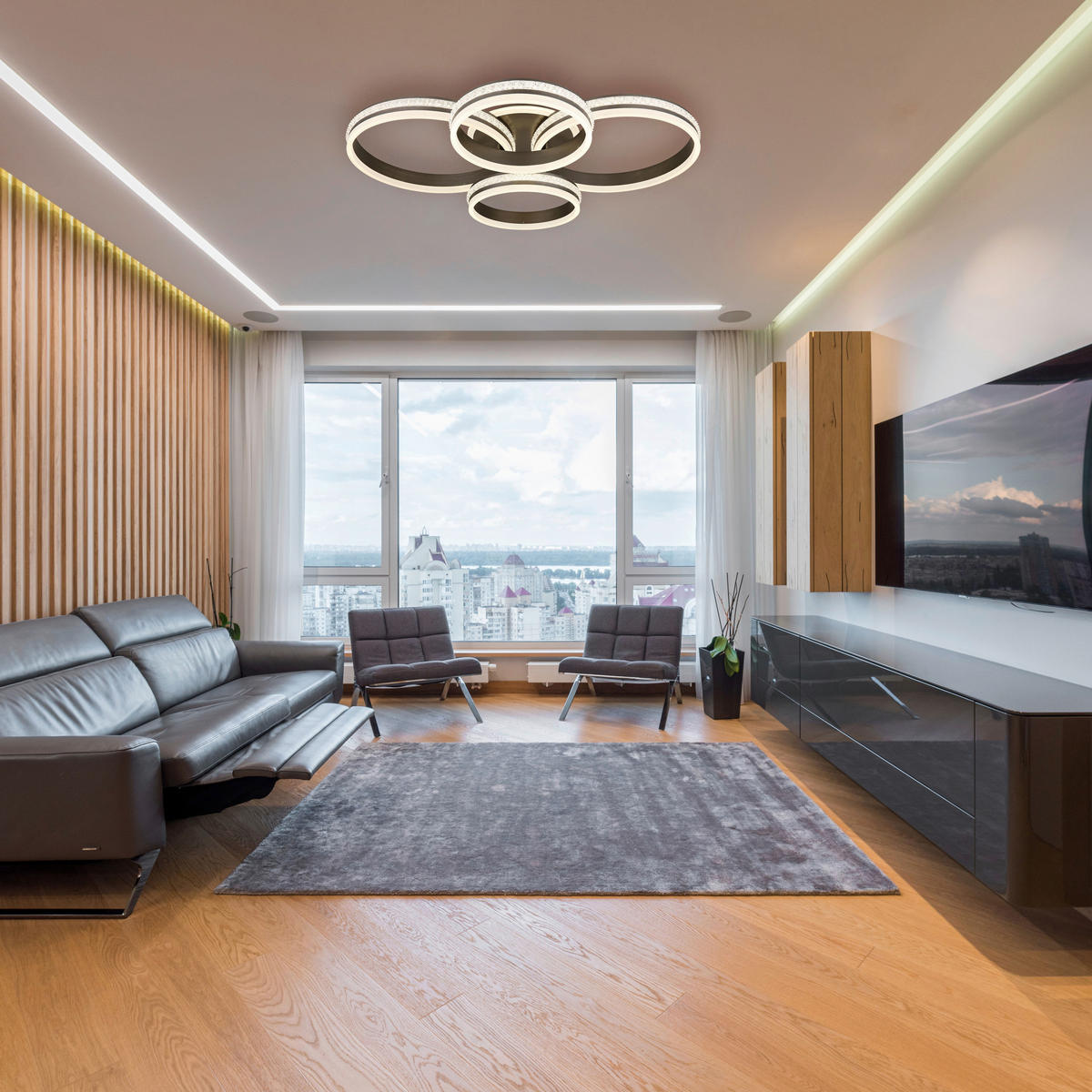 GLOBO LED-Deckenleuchte klar titanfarbig Kunststoff Metall B/H/T: ca. 68,5x15x85 cm GROUNI - klar/titanfarbig (68,50/15,00/85,00cm) - GLOBO
