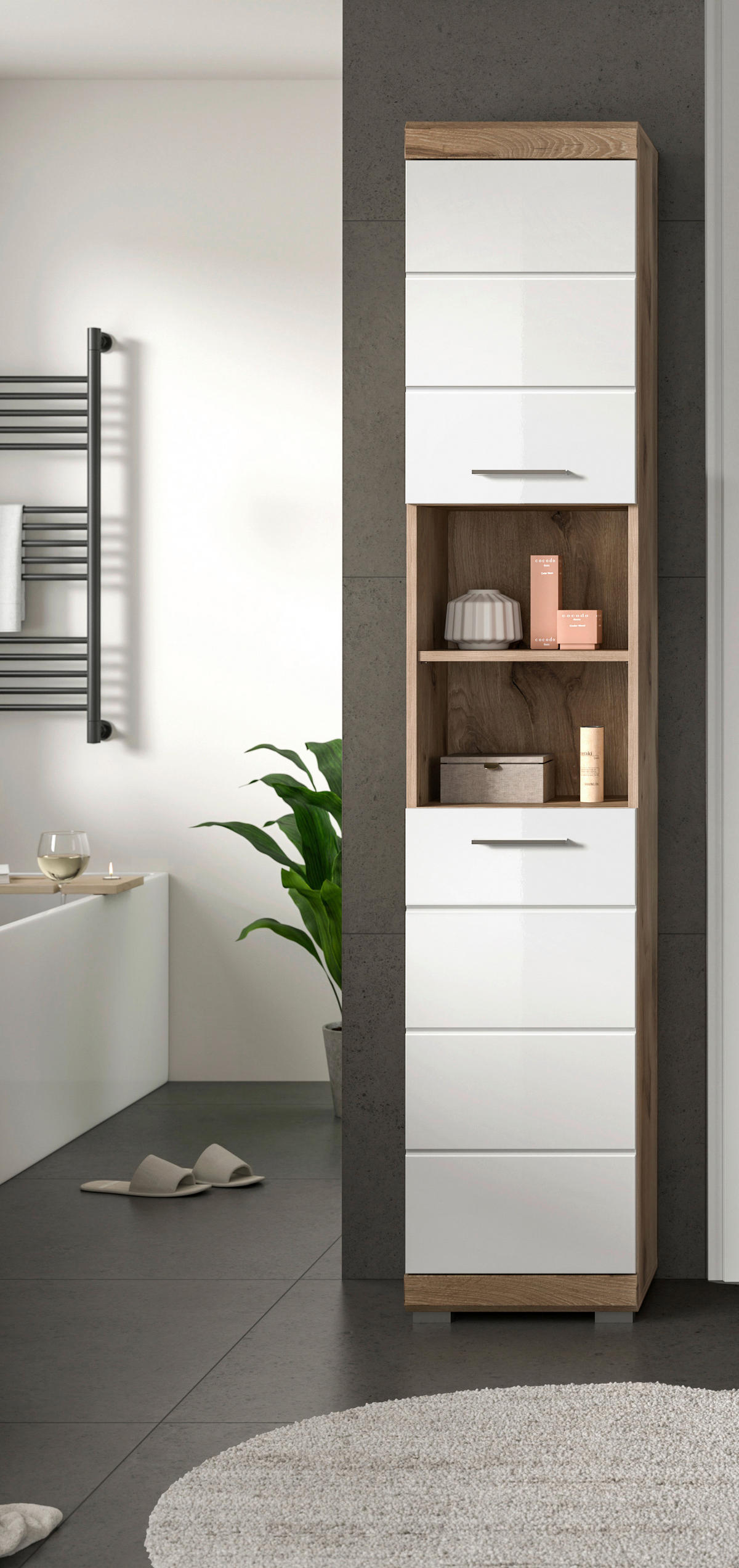 Hochschrank Wave Oak Nachbildung weiß Hochglanz B/H/T: ca. 37x191x31 cm Wave - weiß/Oak (37,00/191,00/31,00cm)
