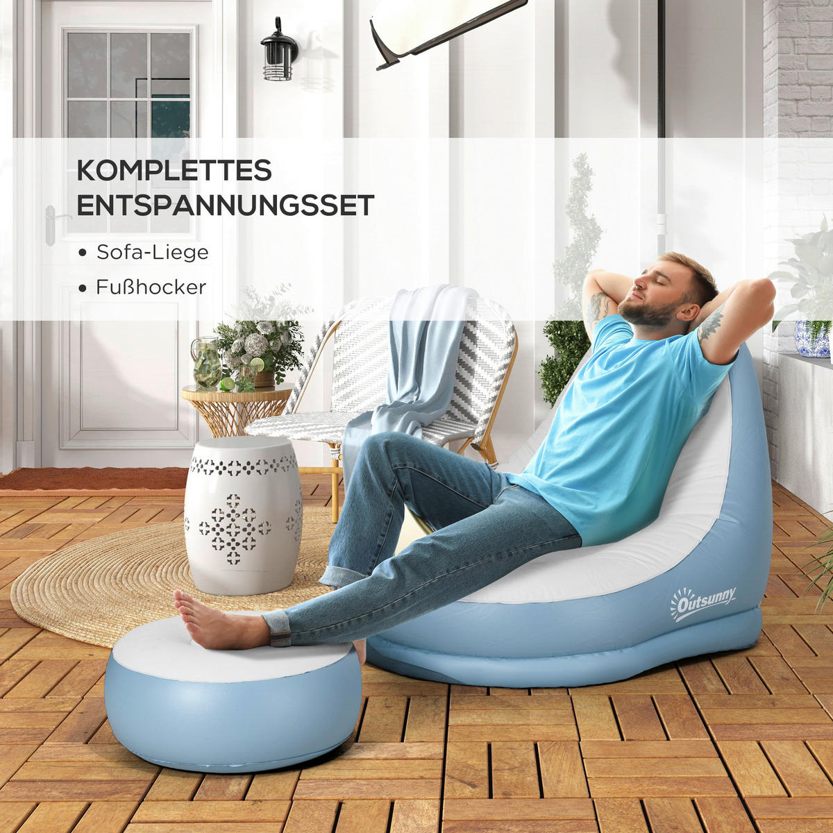 Outsunny Aufblasbarer Sessel B/H/L: ca. 100x87x125 cm Aufblasbarer Sessel - blau/weiß (125,00/100,00/87,00cm) - Outsunny
