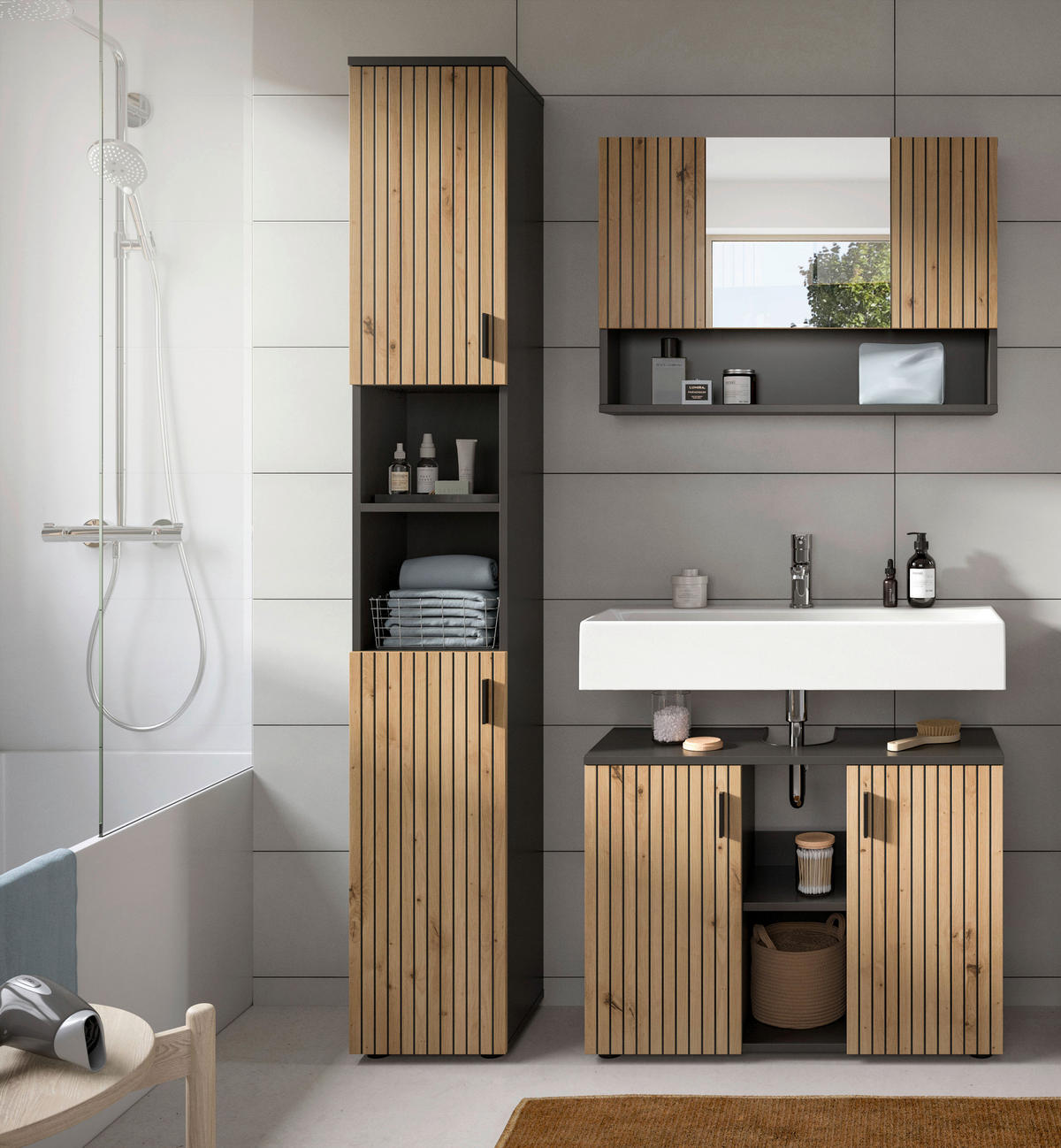 Badezimmer-Set Mone Basalt Nachbildung Artisan Oak Nachbildung B/H/T: ca. 125x192x30 cm Mone - Basalt (125,00/192,00/30,00cm) - xonox.home