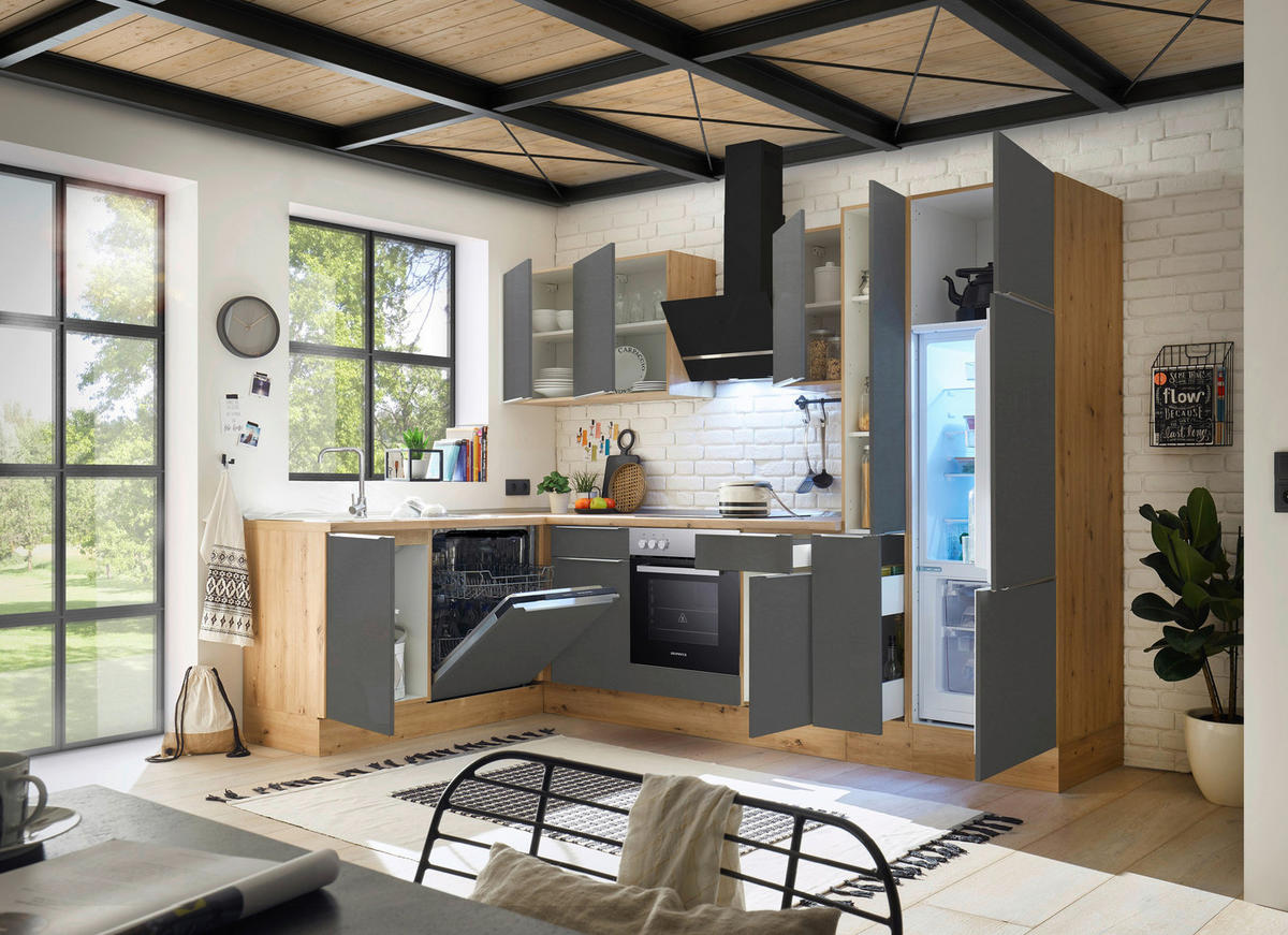 Respekta Winkelküche Marleen grau matt B/H/T: ca. 310x211x170 cm Marleen - Eiche/Alu (310,00/211,00/170,00cm) - Respekta