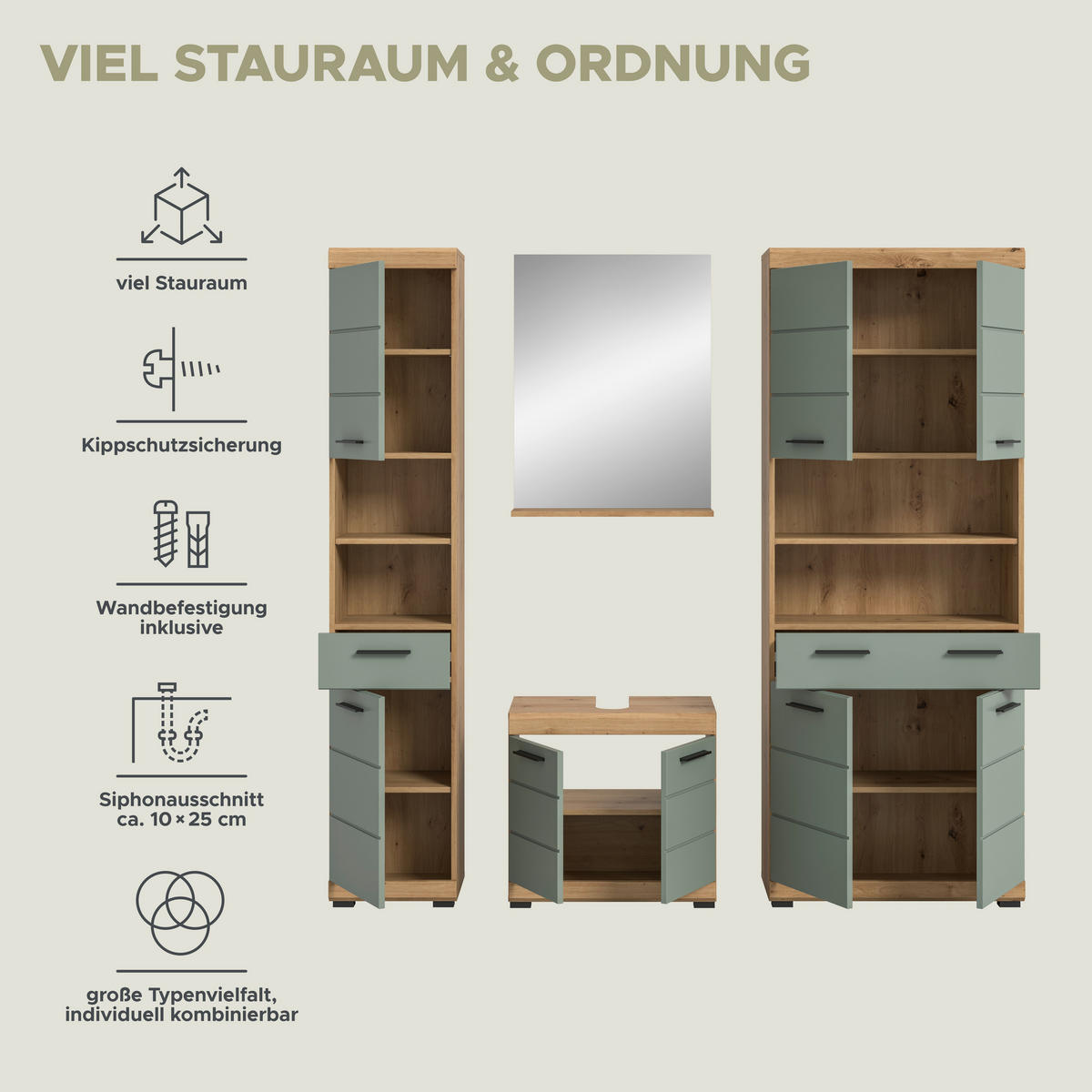 Badezimmer-Set Scout Eiche Artisan Nachbildung salbei Nachbildung B/H/T: ca. 186x191x34 cm Scout - Eiche/salbei (186,00/191,00/34,00cm) - xonox.home