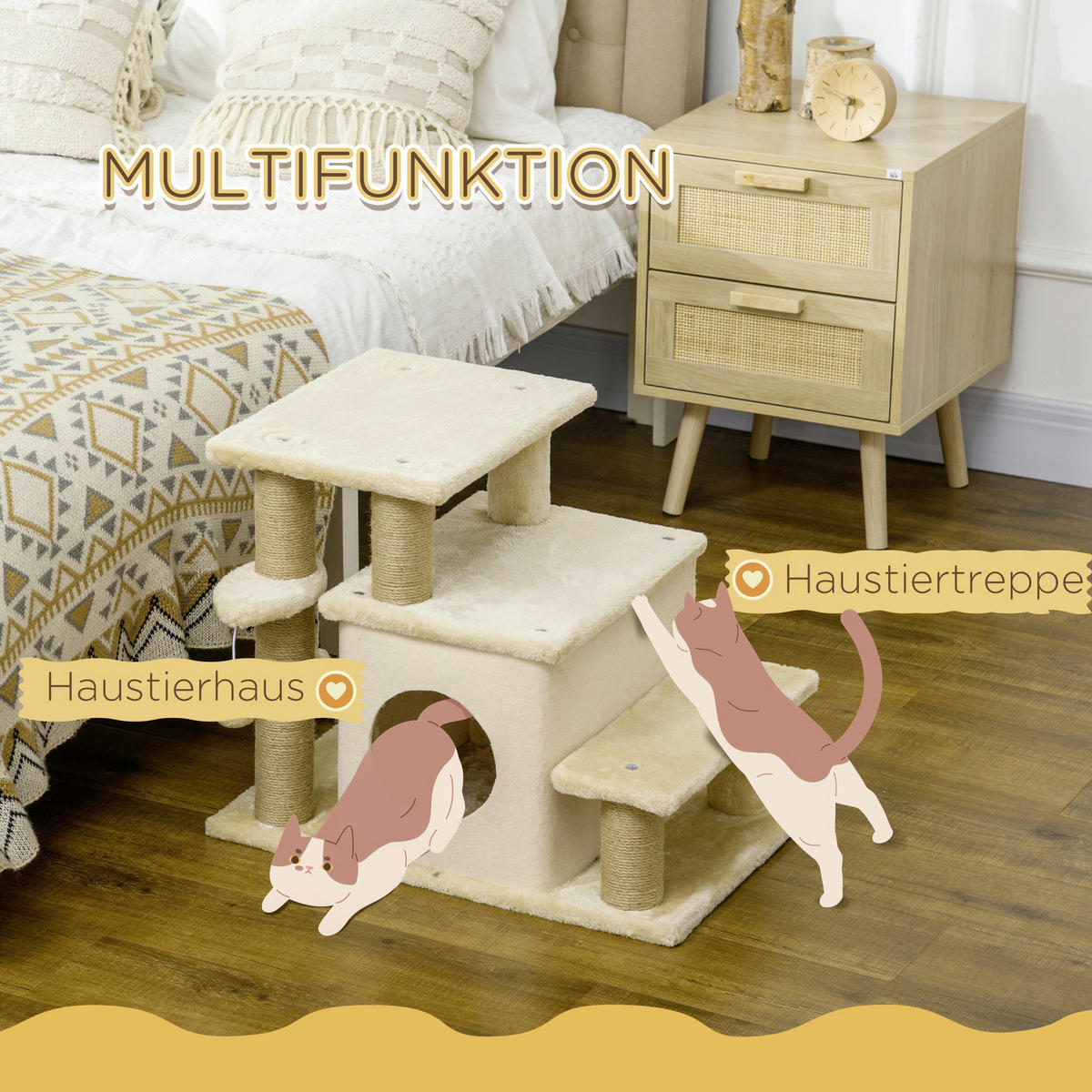 PawHut Katzentreppe m. Schlafhöhle beige Edelstahl B/H/L: ca. 40x60x66 cm Haustiertreppe - beige (66,00/40,00/60,00cm) - PawHut