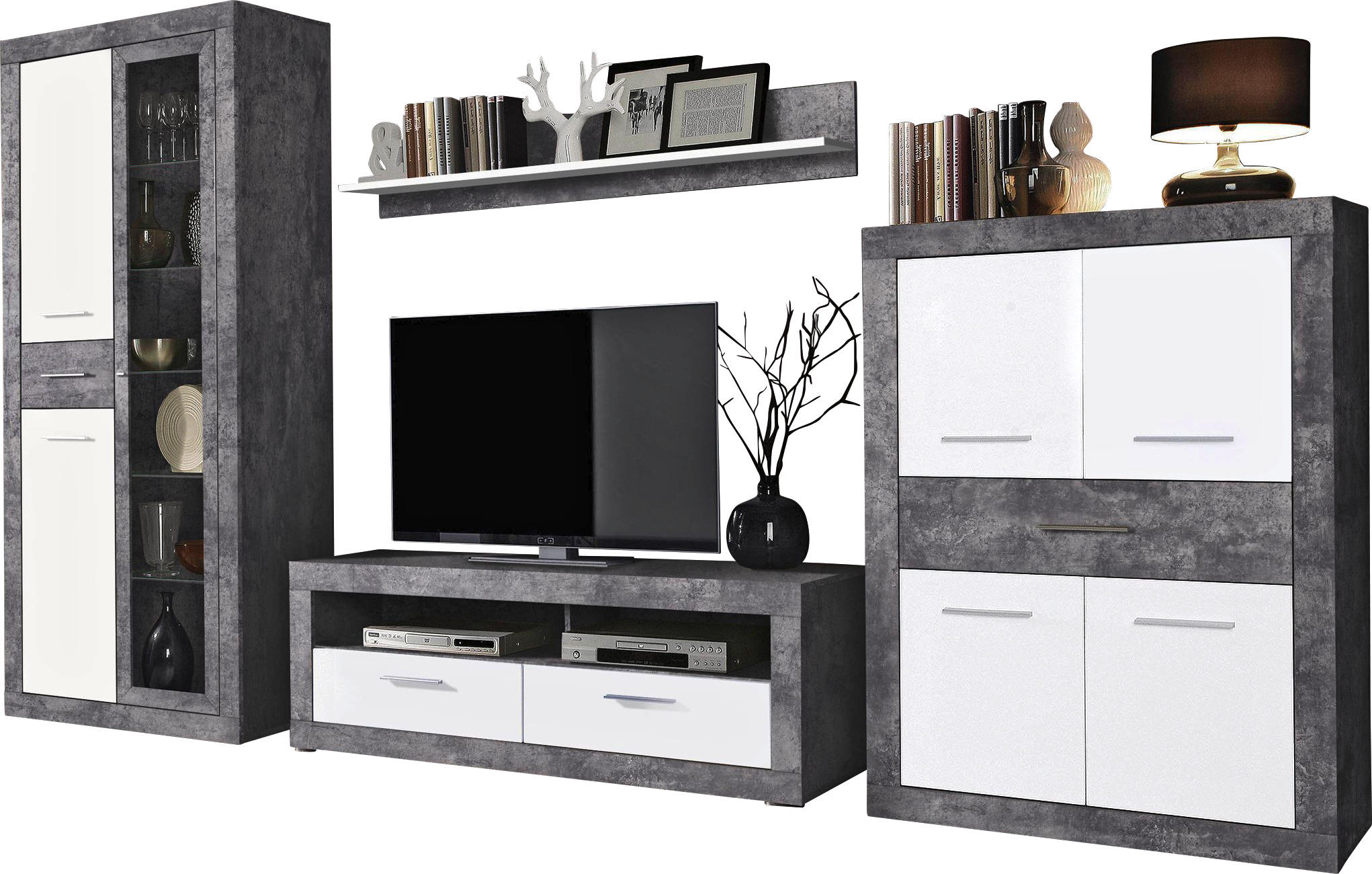 20% sparen - WOHNWAND Beton Optik Weiß 326 cm Breite - nur 399,99€ | Cherry Möbel