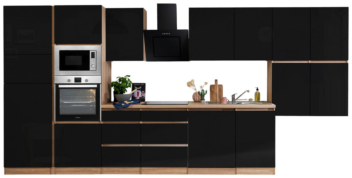 Respekta Küchenblock Premium schwarz hochglänzend B/H/T: ca. 445x220,5x60 cm Premium - Eiche/schwarz (445,00/220,50/60,00cm) - Respekta