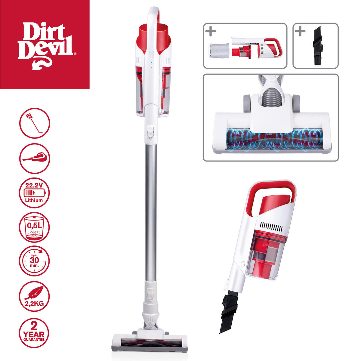 Dirt Devil Hand-/Stielstaubsauger DD9002 weiß rot Akku-Hand-/Stielstaubsauger_DD9002 - weiß/rot - Dirt Devil