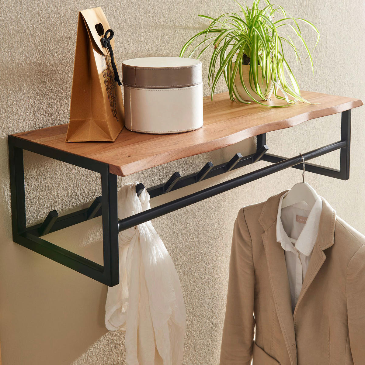 Wandgarderobe natur schwarz pulverbeschichtet B/H/T: ca. 80x33x22 cm Wandgarderobe - natur/schwarz (80,00/33,00/22,00cm) - Wohnling