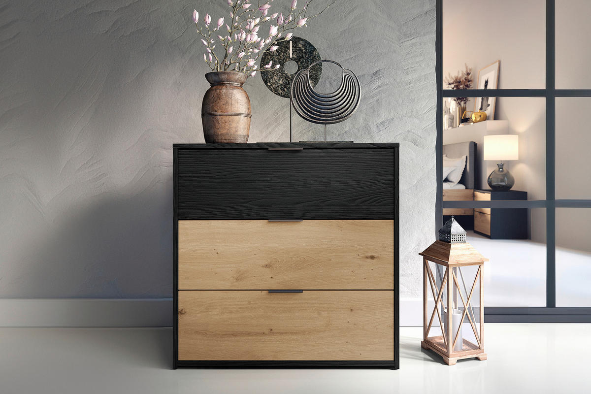 Kommode RIMINI schwarz Eiche Nachbildung B/H/T: ca. 80x80x40 cm RIMINI - Eiche/schwarz (80,00/80,00/40,00cm) - byLIVING