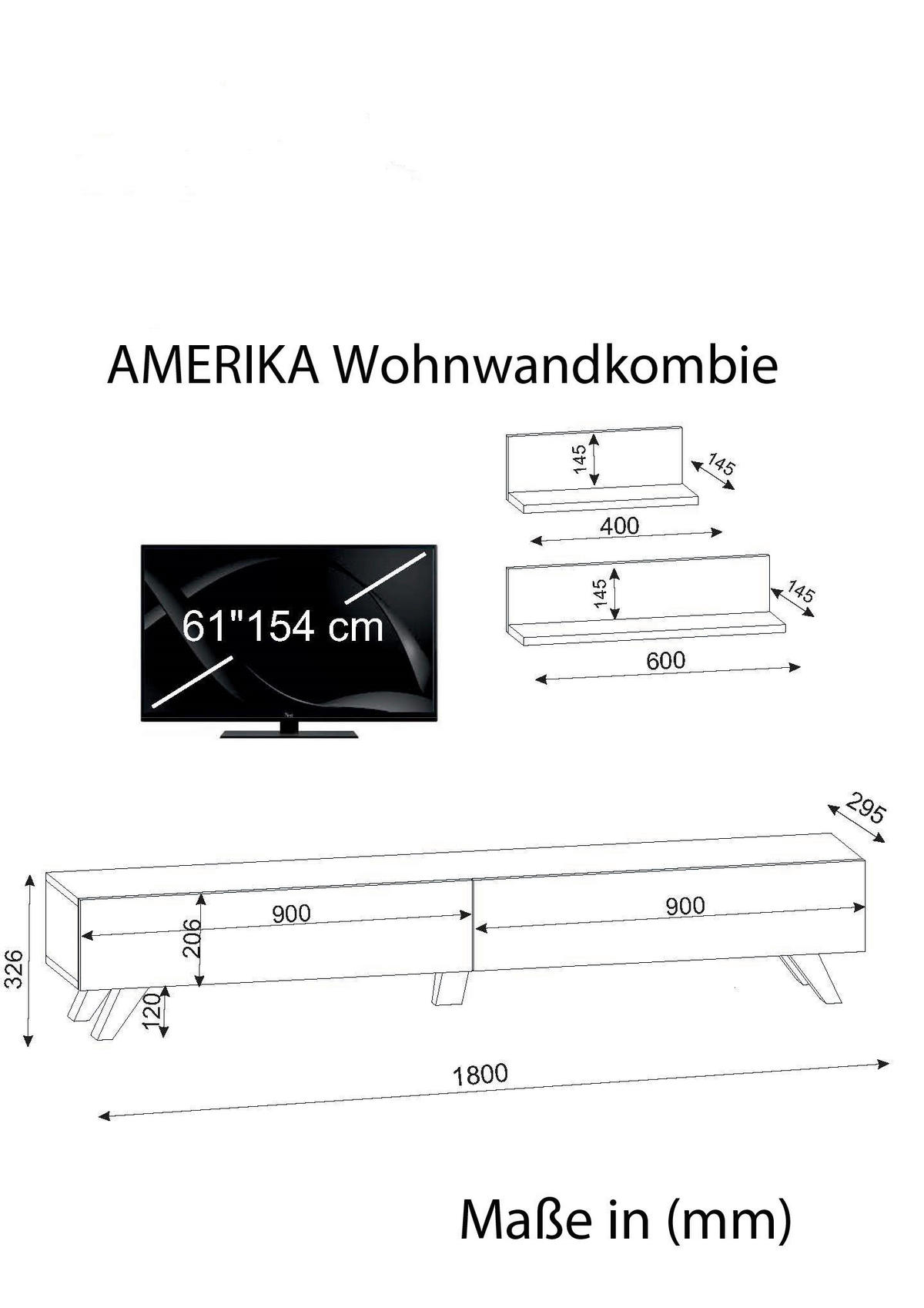 Wohnwand Amerika weiß walnuss Nachbildung B/H/T: ca. 180x32x29 cm Amerika - weiß/walnuss (180,00/32,00/29,00cm) - moebel17