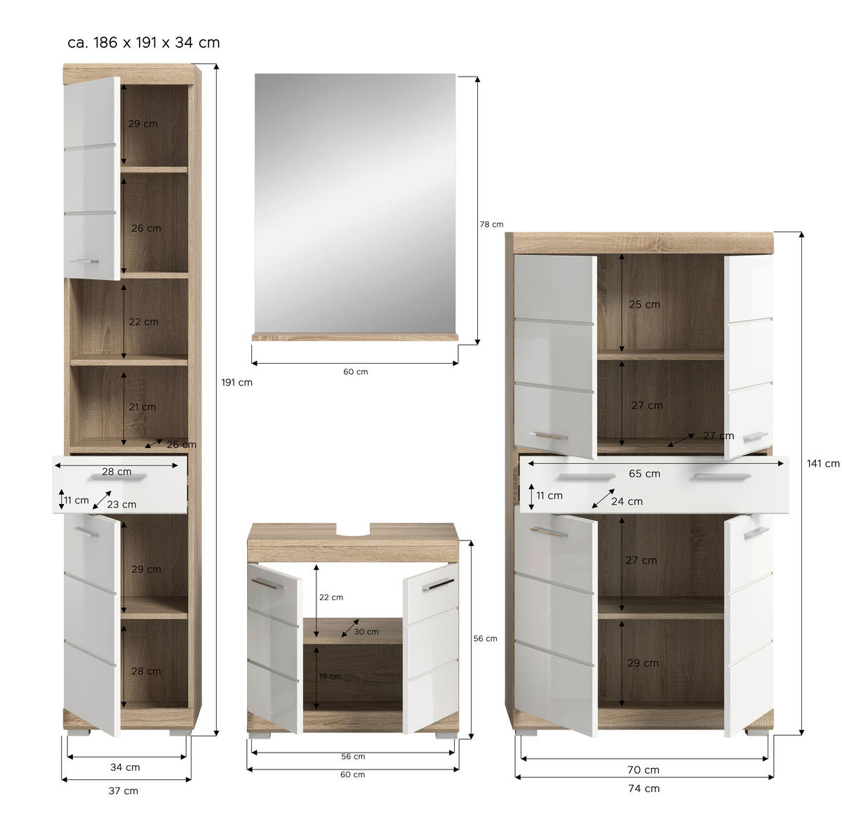 Badezimmer-Set Lambada Eiche Sonoma Nachbildung weiß Hochglanz B/H/T: ca. 186x191x34 cm Lambada - Eiche/weiß (186,00/191,00/34,00cm) - xonox.home