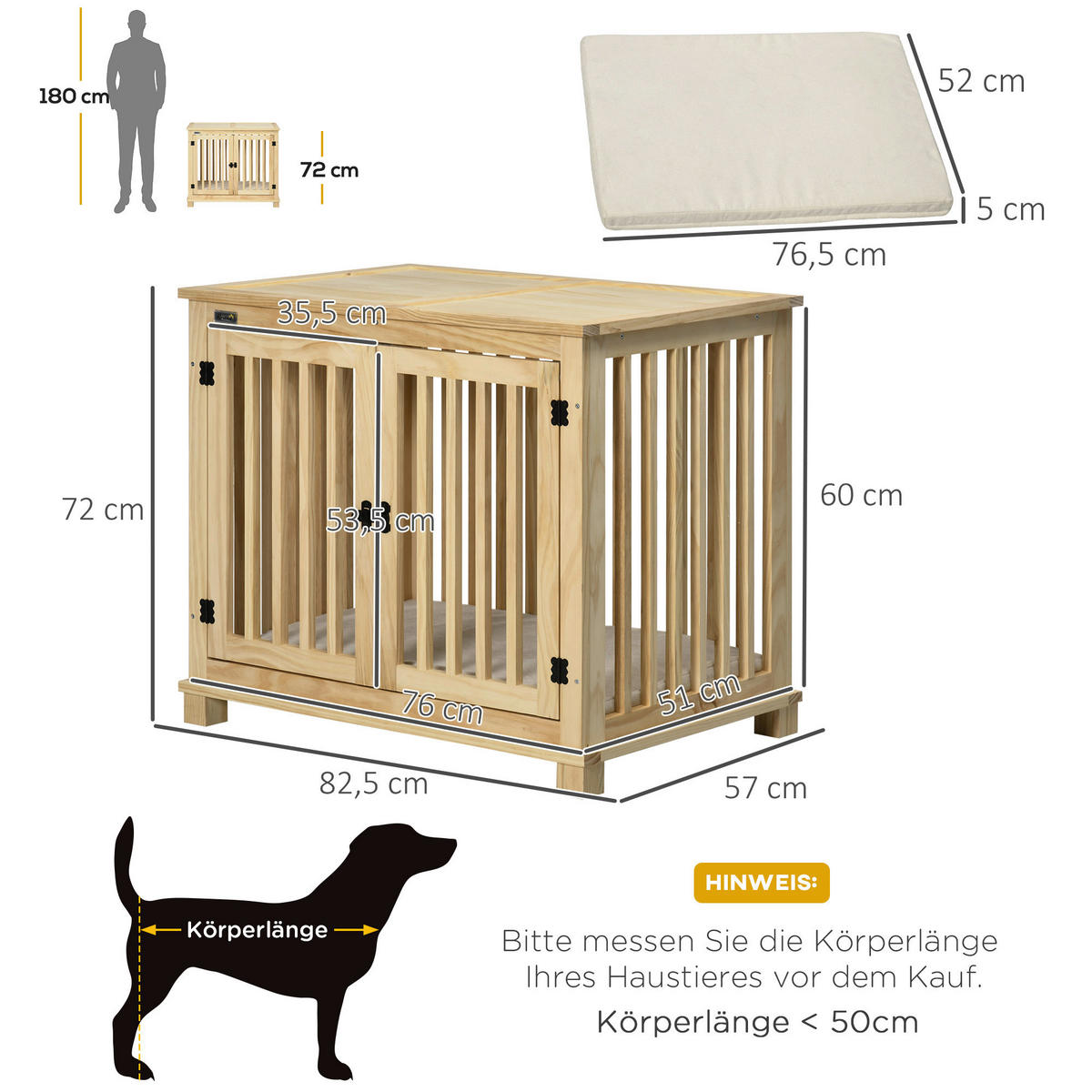 PawHut Hunde-Zubehör cremeweiß Kiefer B/H/L: ca. 57x82,5x72 cm Hundekäfig - natur/cremeweiß (72,00/57,00/82,50cm) - PawHut