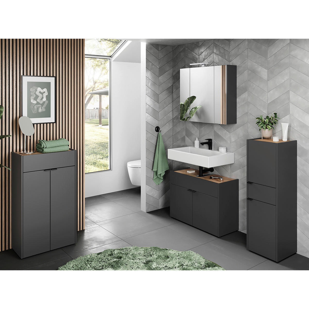 Badezimmer-Set 7844-549 Graphit Eiche Navarra Nachbildung B/H/T: ca. 200x200x34 cm 7844-549 - Eiche/Graphit (200,00/200,00/34,00cm) - Germania