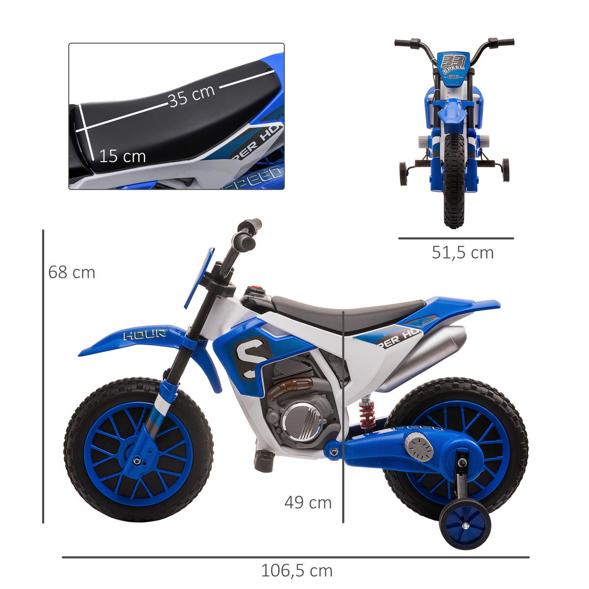 HOMCOM Kinder-Elektromotorrad blau B/H/L: ca. 51,5x68x106,5 cm Kinder-Elektromotorrad - blau (106,50/51,50/68,00cm) - HOMCOM