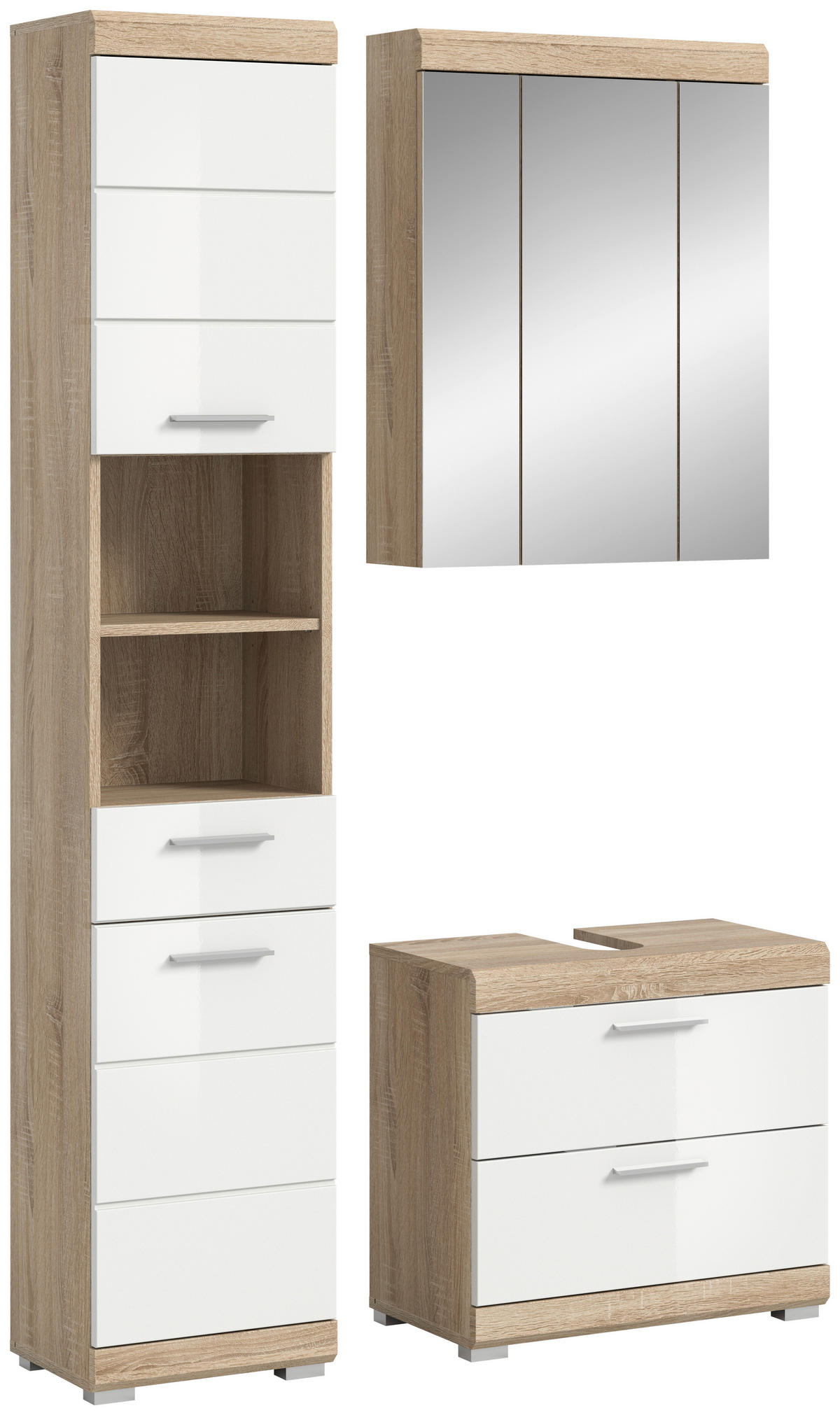 Badezimmer-Set Lambada Eiche Sonoma Nachbildung weiß Hochglanz B/H/T: ca. 112x191x37 cm Lambada - Eiche/weiß (112,00/191,00/37,00cm) - xonox.home