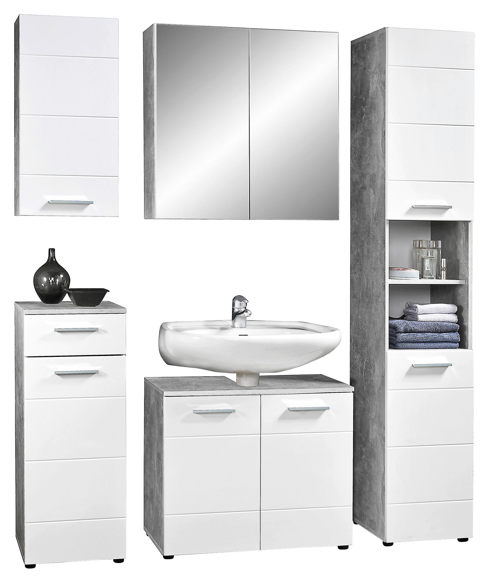 Waschbeckenunterschrank Stockholm Beton Optik weiß Hochglanz B/H/T: ca. 70x60x35 cm Stockholm - weiß (70,00/60,00/35,00cm)