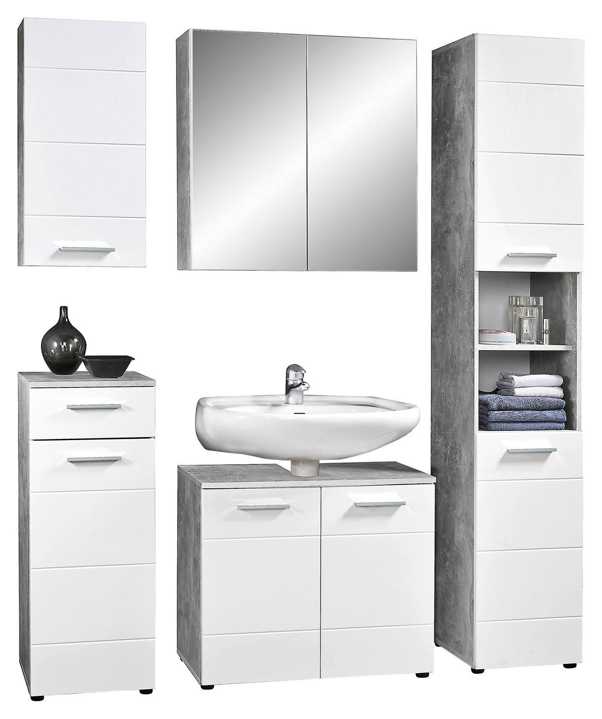 Badhängeschrank Stockholm Beton Optik weiß Hochglanz B/H/T: ca. 35x71x23 cm Stockholm - weiß (35,00/71,00/23,00cm)