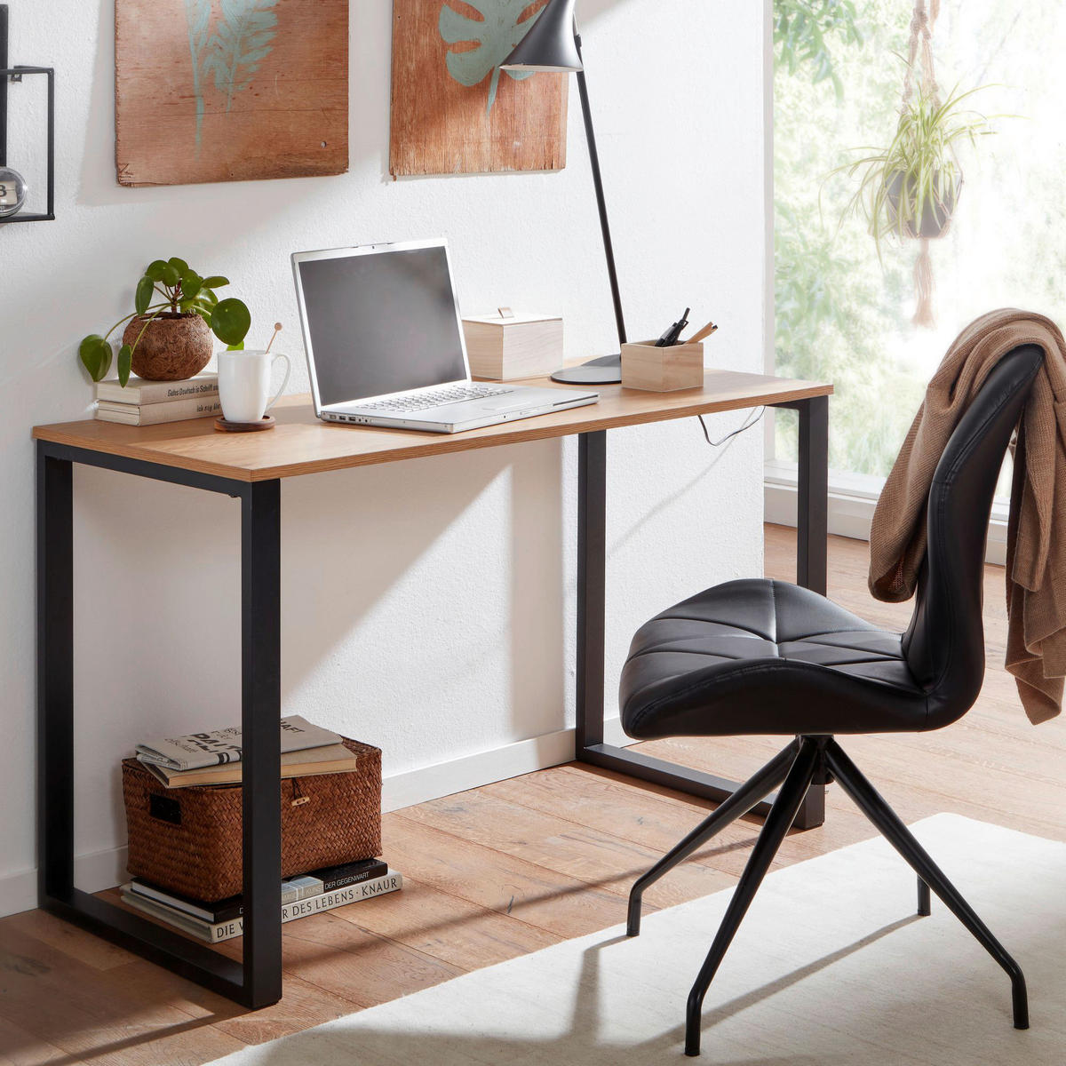 Schreibtisch Eiche Nachbildung schwarz pulverbeschichtet B/H/T: ca. 120x76x60 cm Schreibtisch - Eiche/schwarz (120,00/76,00/60,00cm) - Wohnling