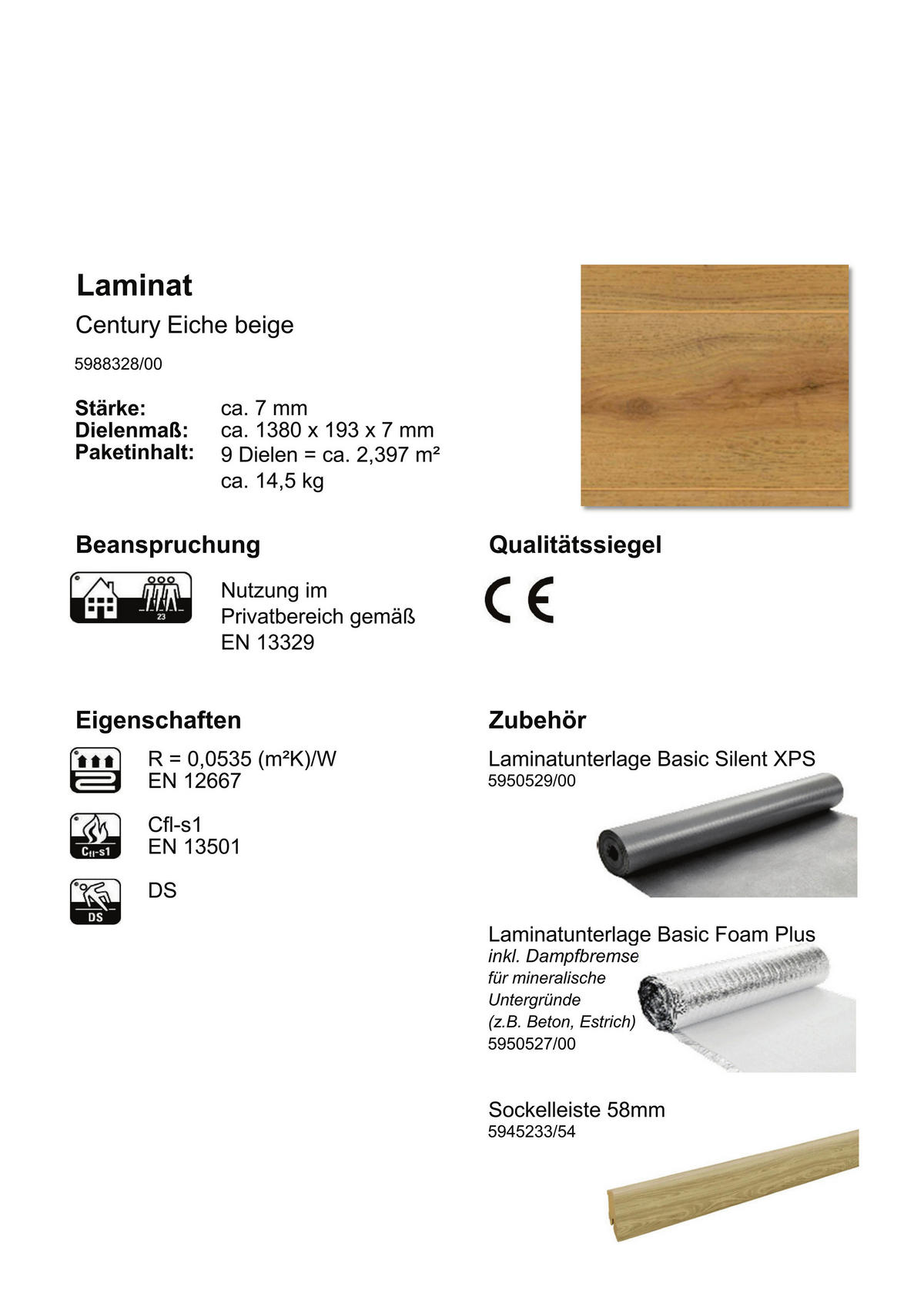 Laminatboden Century ca. 2,397 m² im Paket  B/L: ca. 19,7x138 cm pro Paket Century ca. 2,397 m² im Paket - (19,70/138,00cm)