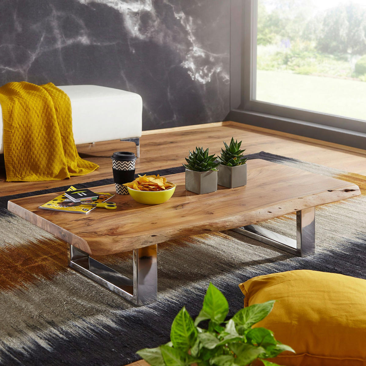 Couchtisch natur Chrom verchromt B/H/T: ca. 115x25x58 cm Couchtisch - natur/Chrom (115,00/25,00/58,00cm) - Wohnling