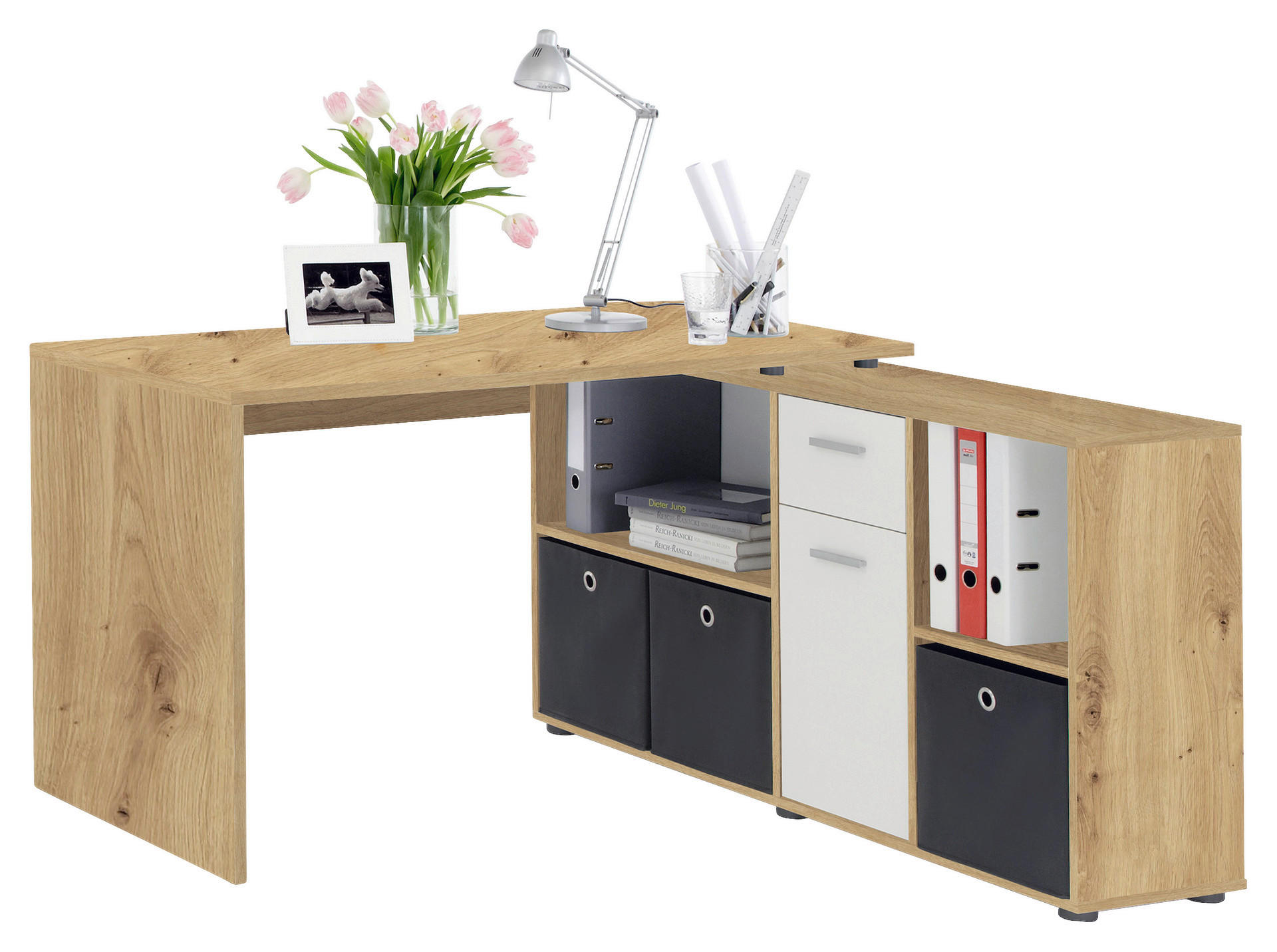 Schreibtisch  Eiche Artisan Nachbildung weiß B/H/T: ca. 136x74x66,5 cm Lexo_Schreibtisch 353-001 - Eiche/weiß (136,00/74,00/66,50cm)