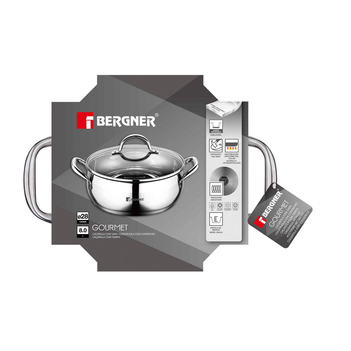 BERGNER Kochtopf GOURMET silber Edelstahl B/H/L: ca. 29,6x15,5x39 cm GOURMET - silber (39,00/29,60/15,50cm) - BERGNER