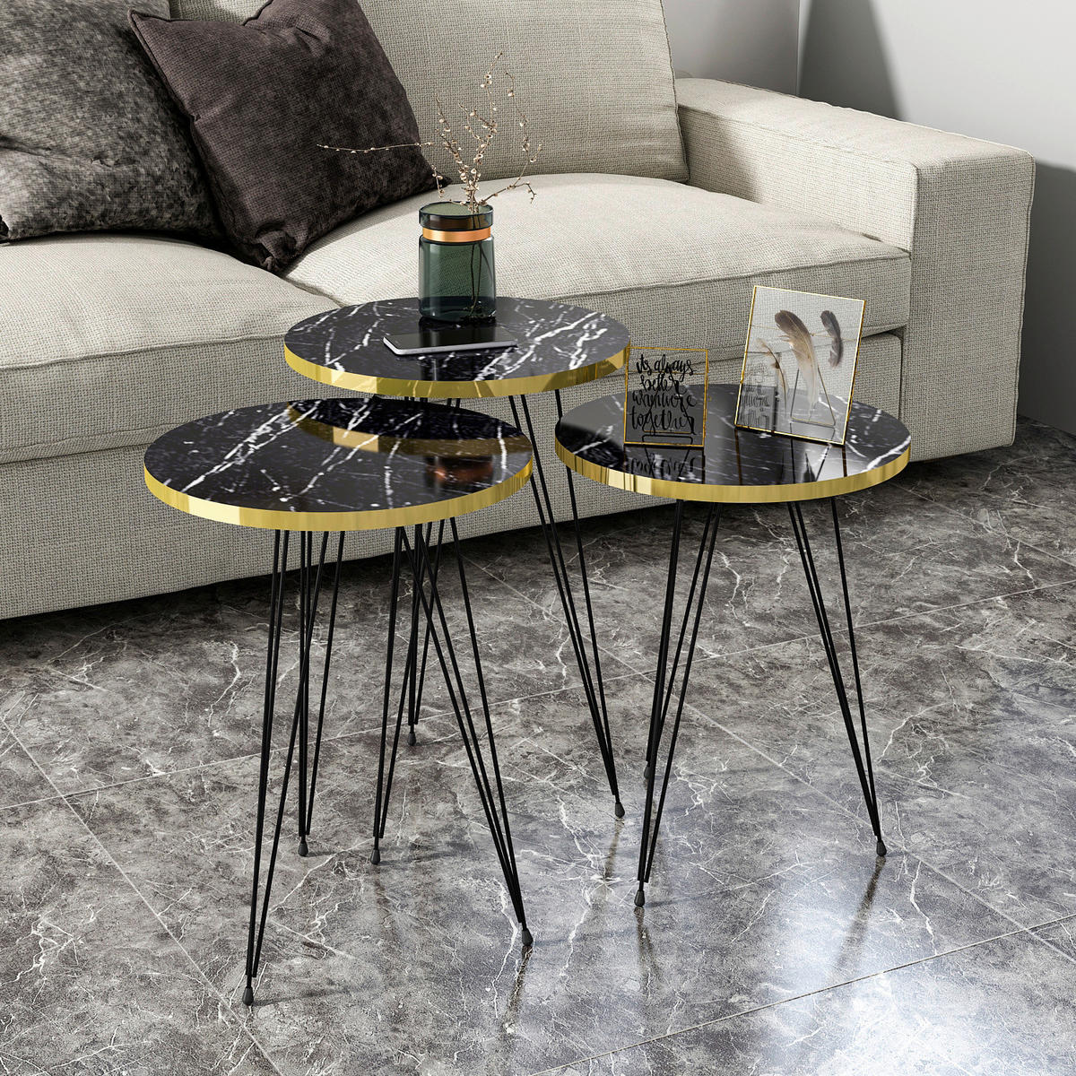 Beistelltisch 3er-Set. 21286139 schwarz Marmoroptik B/H/T: ca. 38x53,5x38 cm 3er-Set. 21286139 - schwarz/Marmoroptik (38,00/53,50/38,00cm) - moebel17