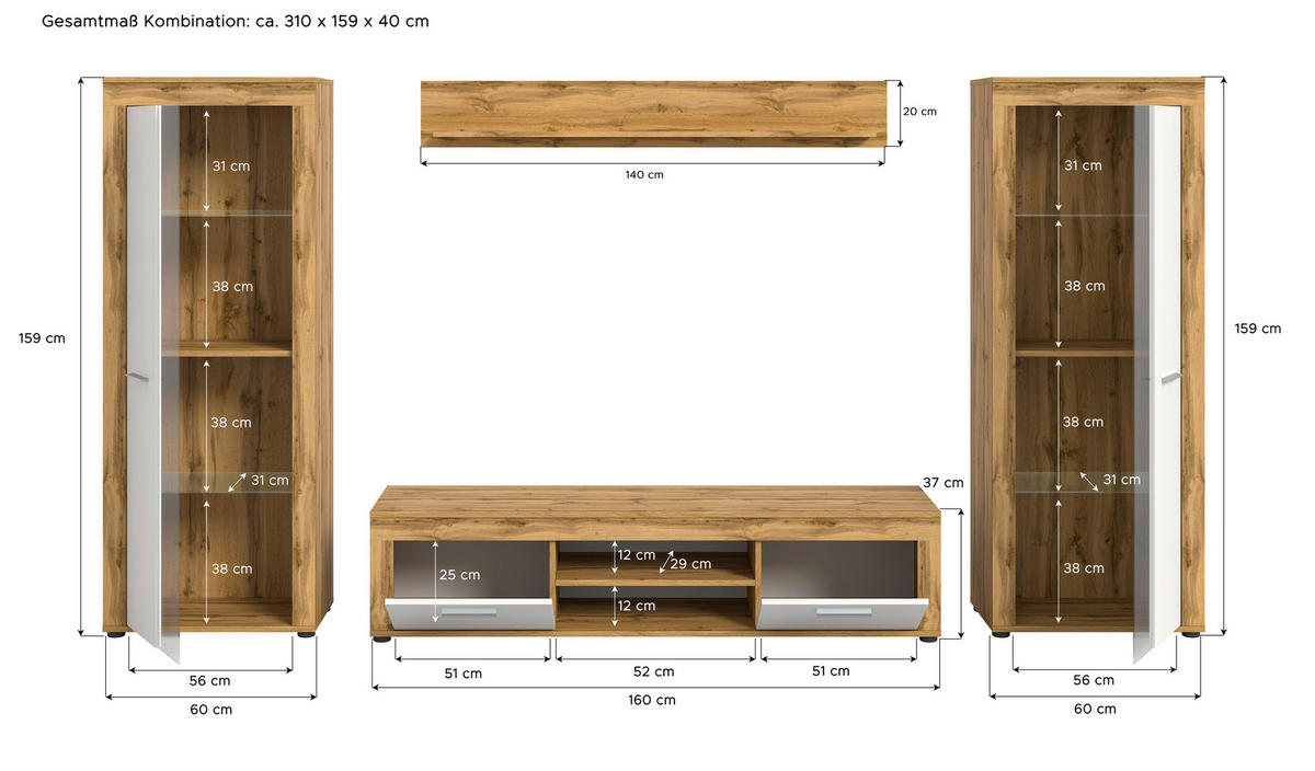 Wohnwand Jam Eiche Wotan Nachbildung weiß B/H/T: ca. 310x159x35 cm Jam - Eiche/weiß (310,00/159,00/35,00cm) - xonox.home