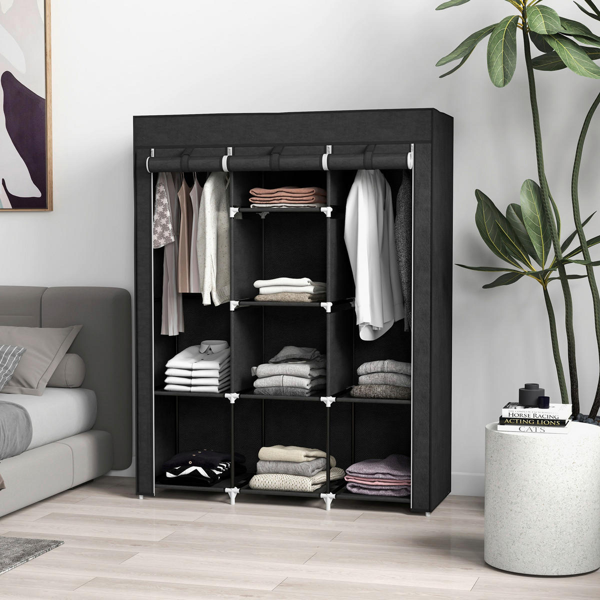 HOMCOM Kleiderschrank schwarz Edelstahl B/H/L: ca. 43x125x162,5 cm Stoffschrank - schwarz (162,50/43,00/125,00cm) - HOMCOM