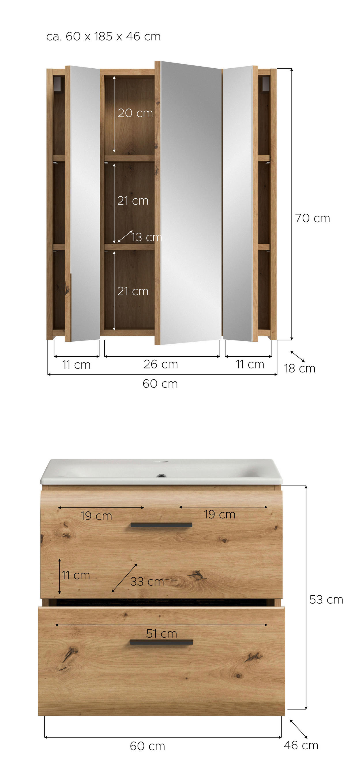 Badezimmer-Set Ice Artisan Oak Nachbildung B/H/T: ca. 60x185x46 cm Ice - (60,00/185,00/46,00cm) - xonox.home