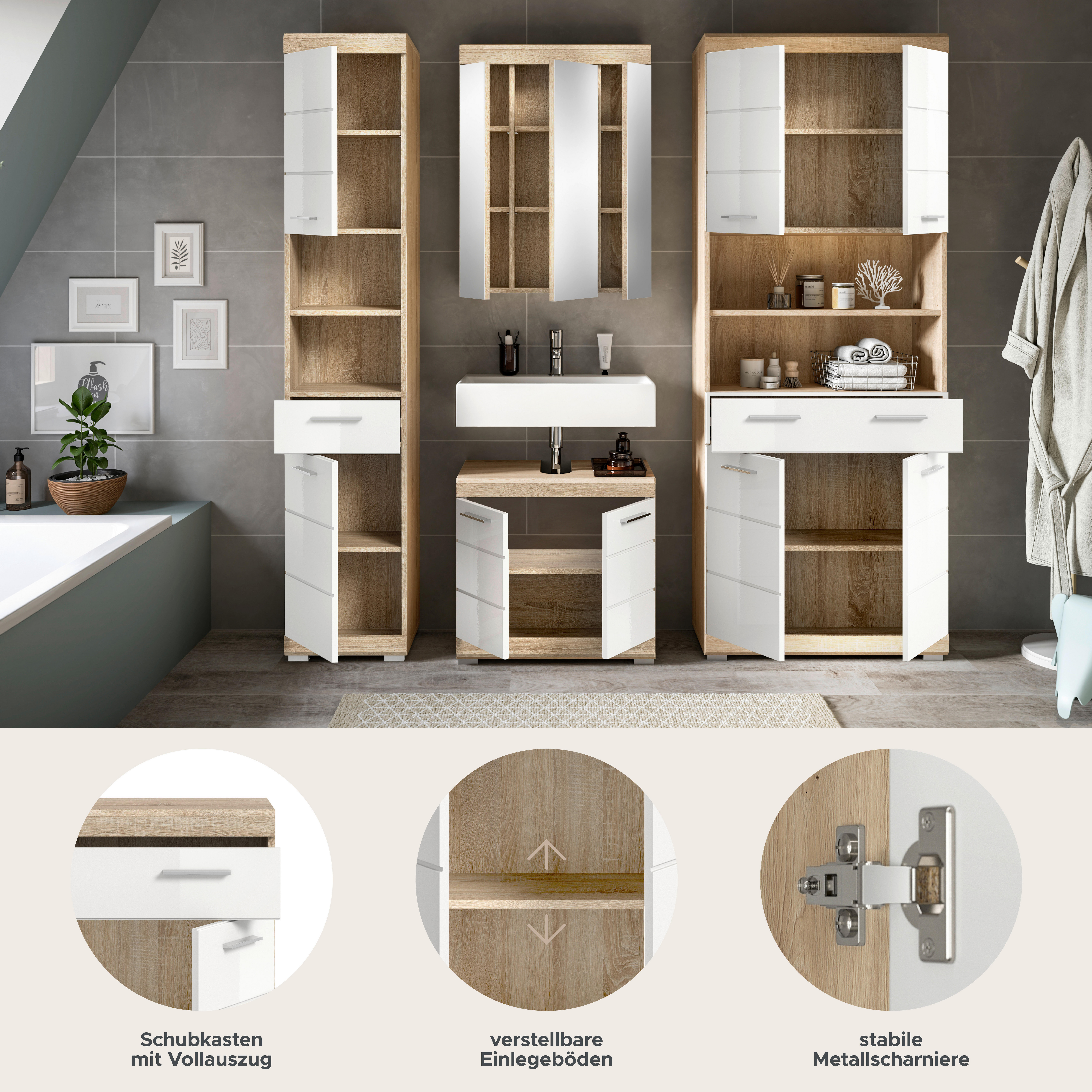 Thumbnail - Badezimmer-Set Lambada Eiche Sonoma Nachbildung weiß Hochglanz B/H/T: ca. 186x191x34 cm