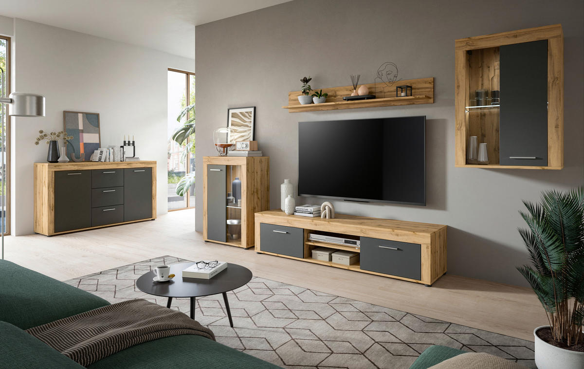 Wohnwand Jam Eiche Wotan Nachbildung grau B/H/T: ca. 330x169x35 cm Jam - Eiche/grau (330,00/169,00/35,00cm) - xonox.home