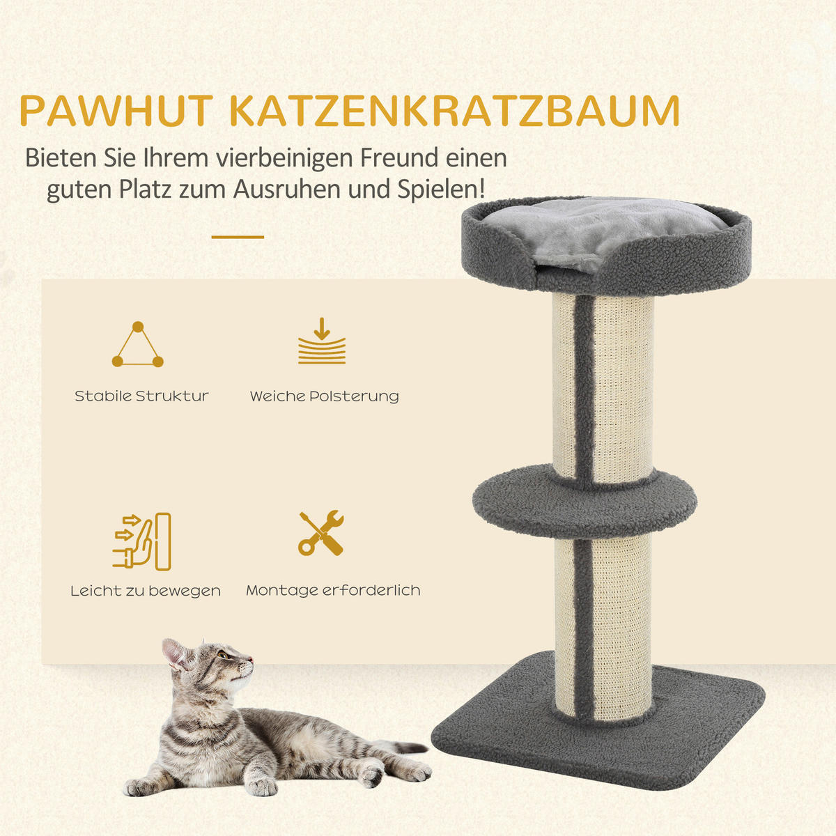 PawHut Kratzbaum grau Spanplatte B/H/L: ca. 45x91x45 cm Kratzbaum - grau (45,00/45,00/91,00cm) - PawHut