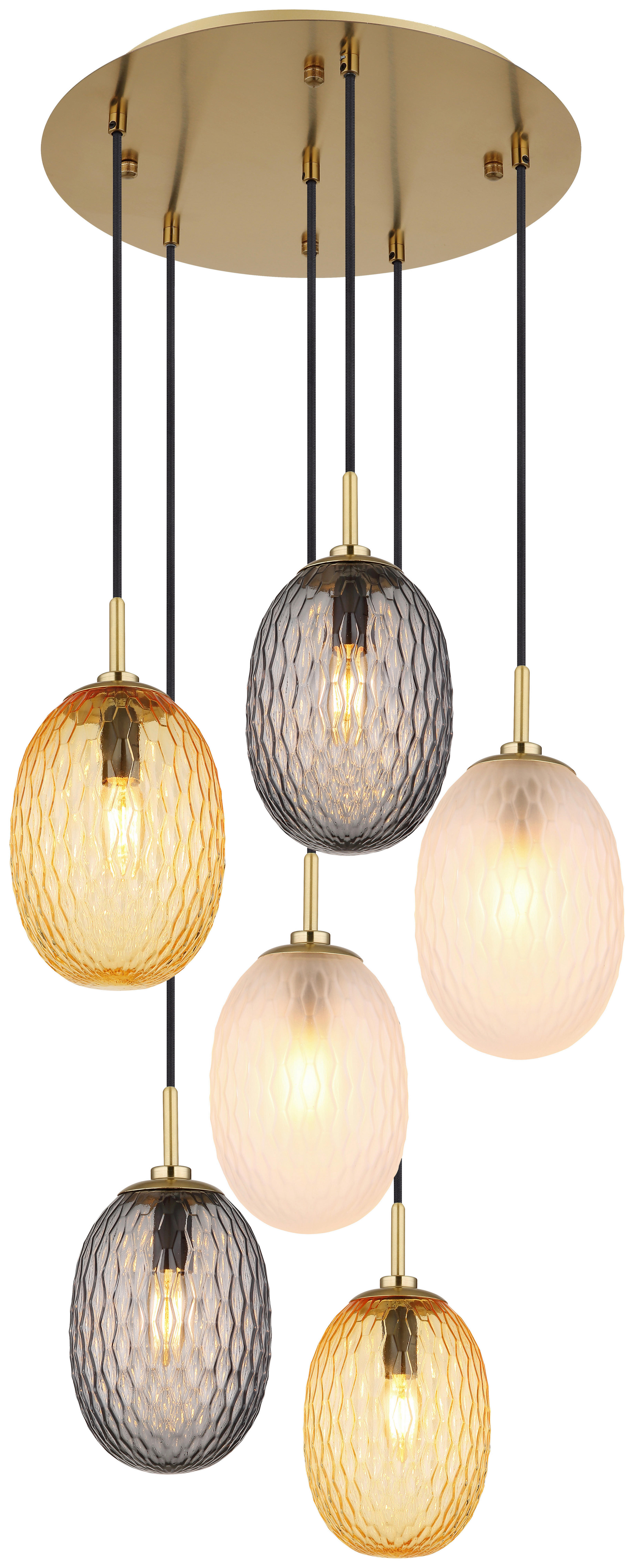 GLOBO Pendelleuchte Rauch gold schwarz Metall Glas Textil H/D: ca. 120x47 cm E14 6 Brennstellen DEVIN - gold/schwarz (47,00/120,00cm) - GLOBO