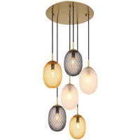 GLOBO Pendelleuchte Rauch gold schwarz Metall Glas Textil H/D: ca. 120x47 cm E14 6 Brennstellen DEVIN - gold/schwarz (47,00/120,00cm) - GLOBO