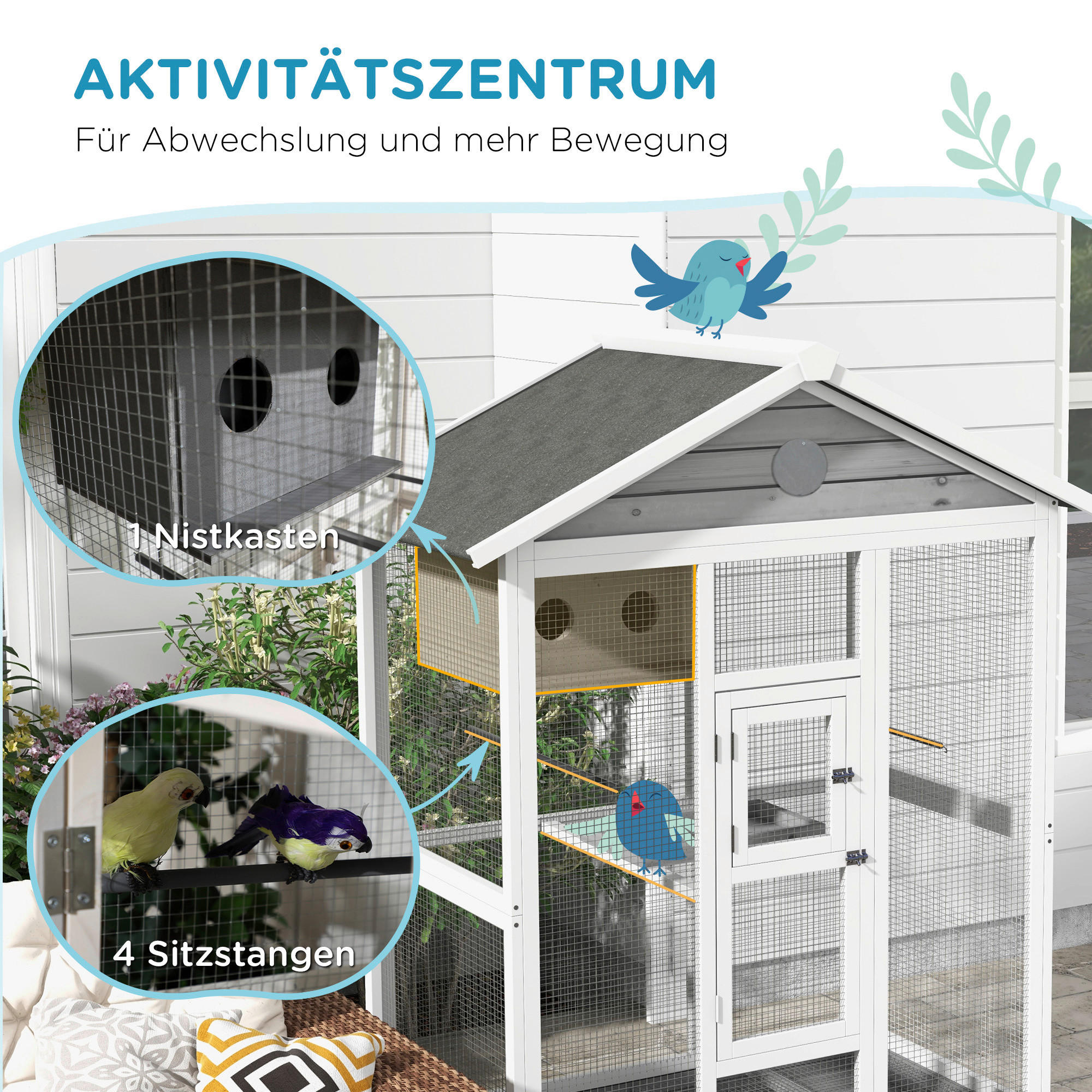 PawHut Vogelkäfig grau Holz B/H/L: ca. 68x154x112 cm Vogelkäfig - weiß/schwarz (112,00/68,00/154,00cm) - PawHut