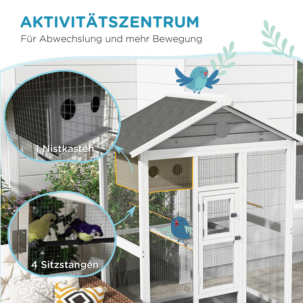 PawHut Vogelkäfig grau Holz B/H/L: ca. 68x154x112 cm Vogelkäfig - weiß/schwarz (112,00/68,00/154,00cm) - PawHut