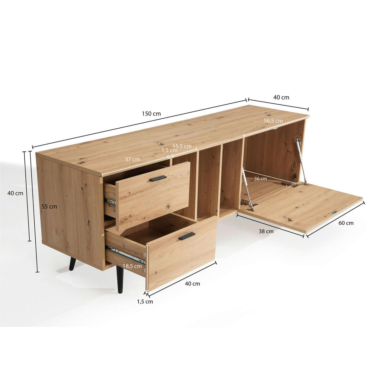 Lowboard Eiche Optik B/H/T: ca. 150x55x40 cm TV & Lowboard - Eiche (150,00/55,00/40,00cm) - Wohnling