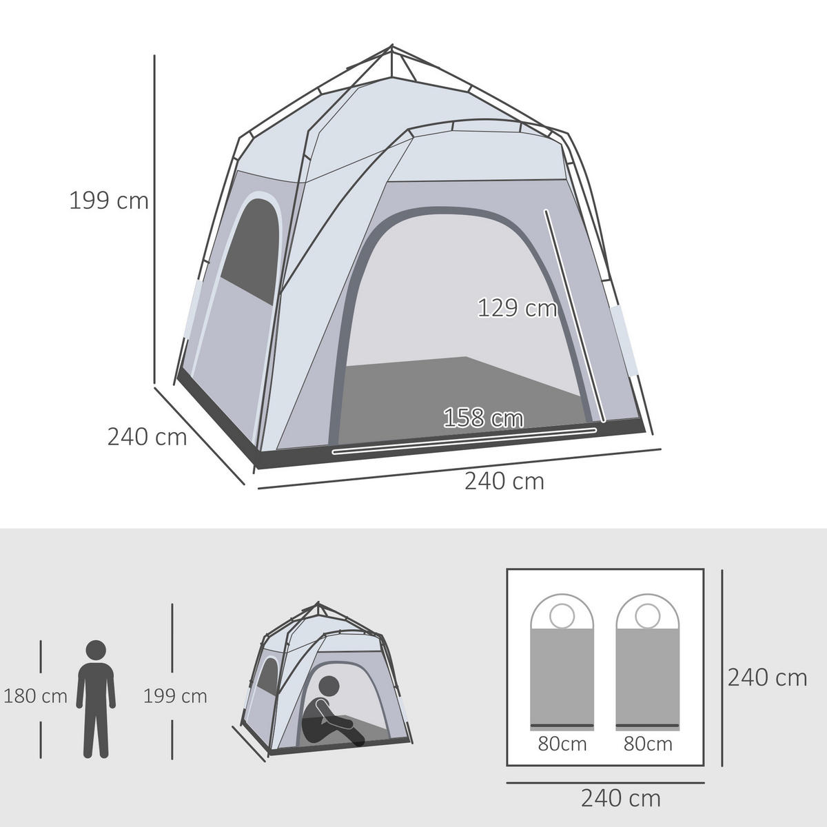 Outsunny Campingzelt hellgrau Aluminium B/H/L: ca. 240x199x240 cm Campingzelt - hellgrau (240,00/240,00/199,00cm) - Outsunny