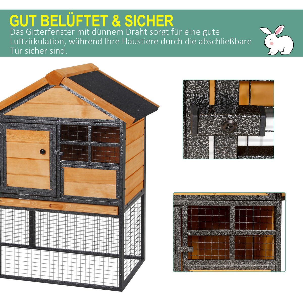 PawHut Stall dunkelgrau Holz B/H/L: ca. 63x122x92 cm Kaninchenstall - gelb/dunkelgrau (92,00/63,00/122,00cm) - PawHut